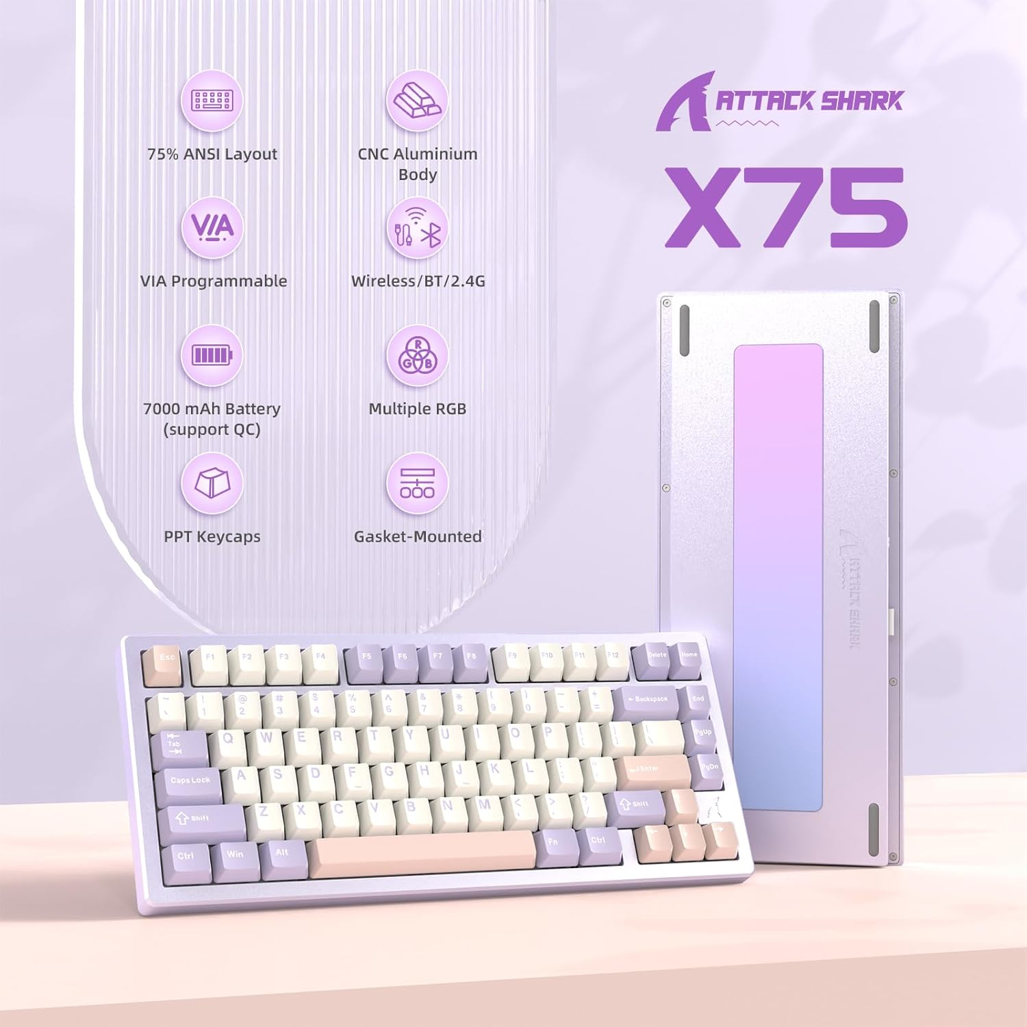 ATTACK SHARK X75 Aluminum CNC Wireless Mechanical Gaming Keyboard, BT/2.4G/USB-C Wired 81 Keys via Custom Keyboard, 7000 Mah Gasket Hot Swappable RGB Mechanical Keyboard for Mac/Pc/Ps4/Xbox-Purple - Creamy White image number 5