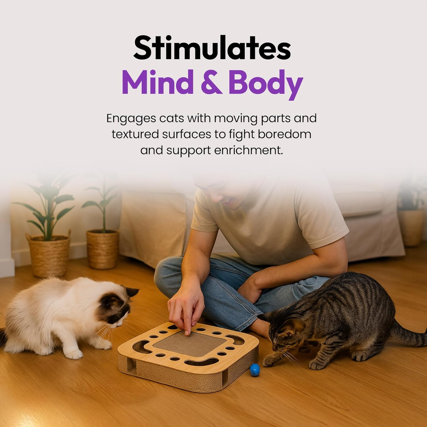 2-In-1 Cardboard Cat Scratcher with Jingle Ball &ndash; Cat Lounge Scratch Pad & Interactive Toy, Anxiety & Stress Relief (Square) image number 6