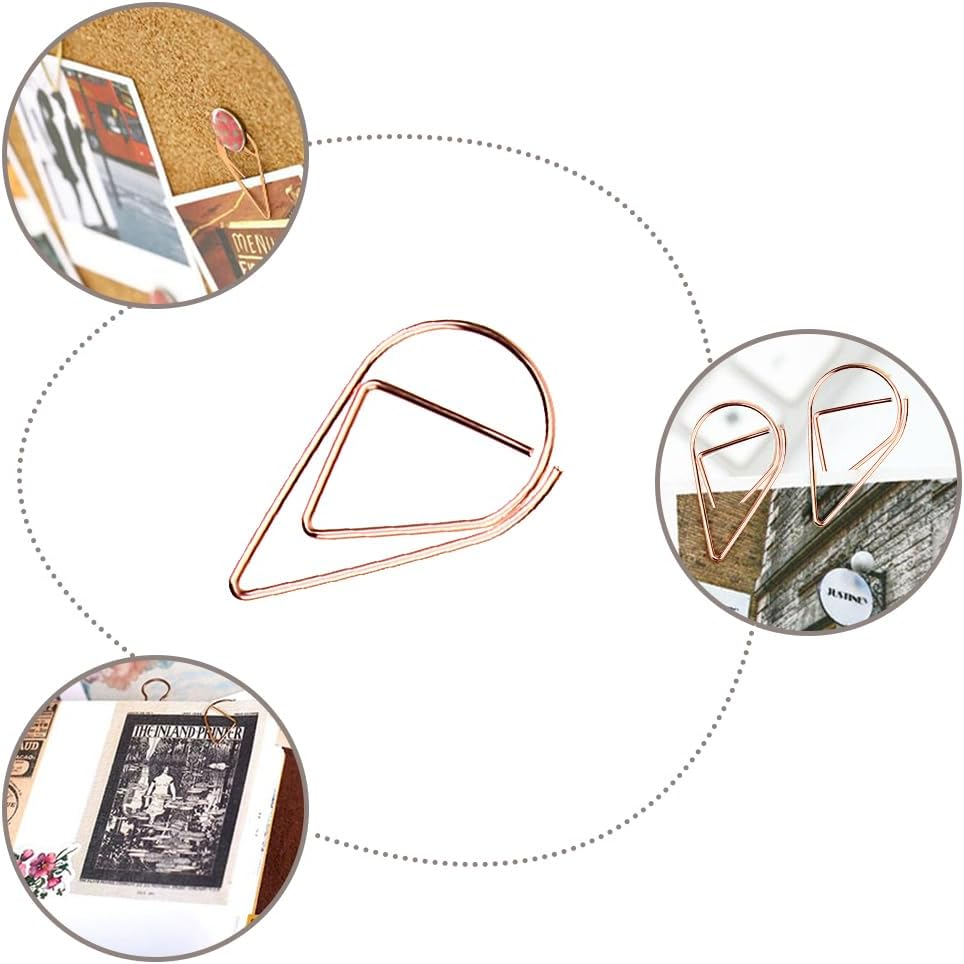 100 Pcs Small Rose Golden Paperclips Stainless Steel Waterdrop Shaped Paperclips Bookmarks Paper Clips Clamps for Memo Paper Photo 15 * 25Mm (Rose Gold) image number 2