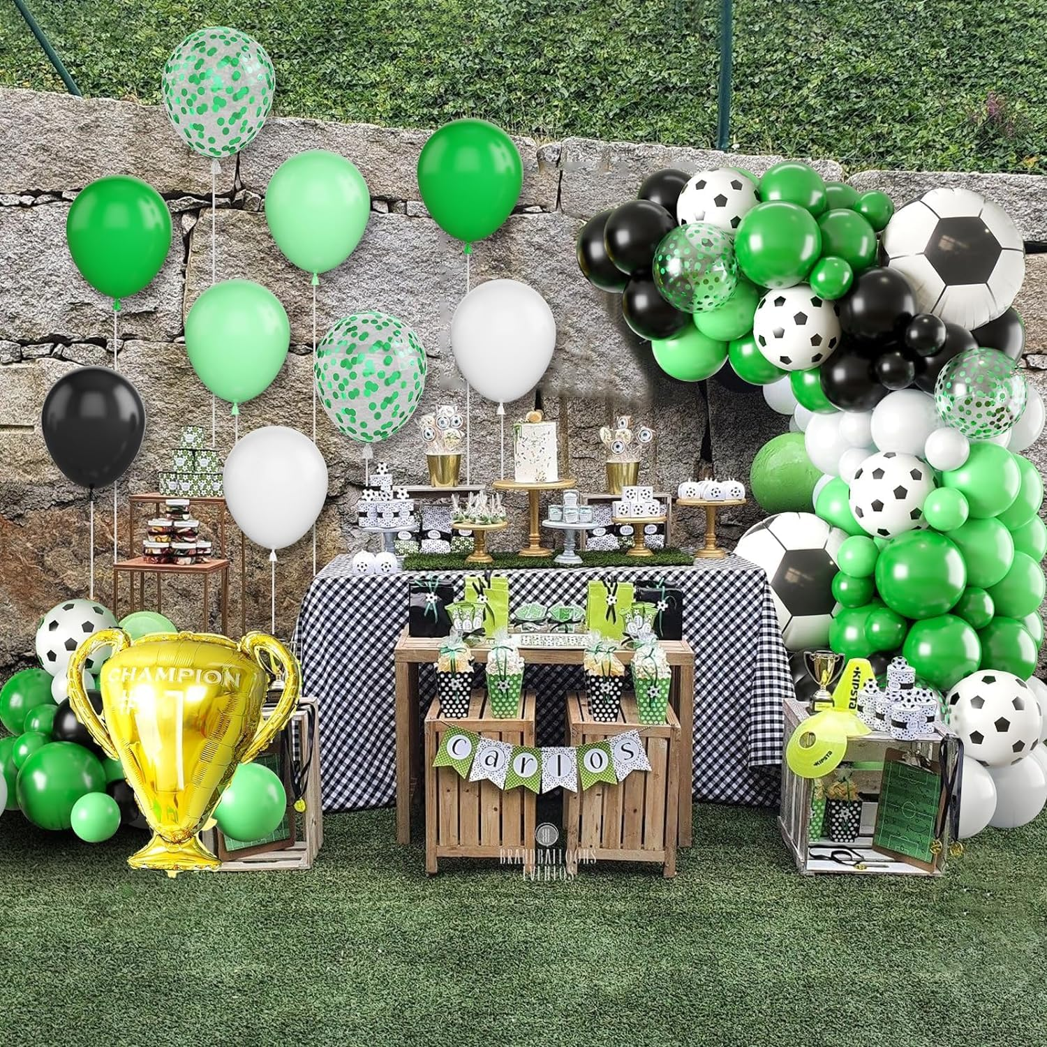 Soccer Balloon Arch Garland Kit 121 Pcs, Green Black White Confetti Balloons Decorations with Soccer Champion Cup Foil Balloons for Men Teen Kids Soccer Football Theme Birthday Party Decor Supplies image number 3
