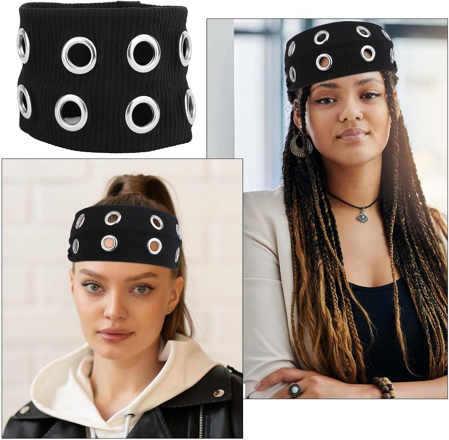 Lasuroa Women Hollow Out Eyelets Elastic Headband, Wide Eyelet Headband Stylish Punk Hairband for Women Hair Accessories for Yoga Workout Running (Black) image number 1