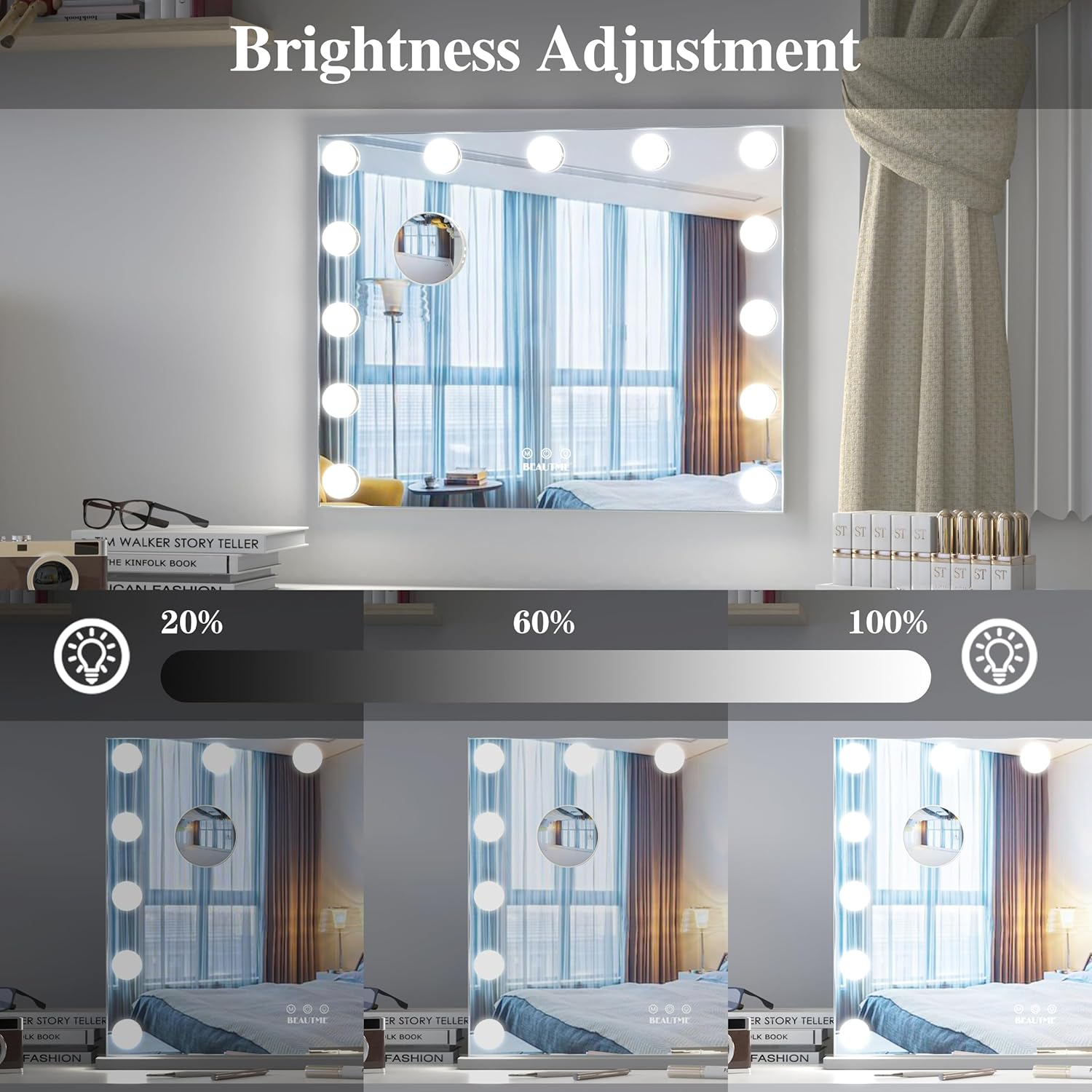 ANYHI Vanity Mirror with Lights, 50.5 X 39.7 Cm Hollywood Illuminated Makeup Mirror with 13 Dimmable Lights, Wall Mounted or Dressing Table Mirror for Makeup Vanity with 10X Magnifier (Silver) image number 3