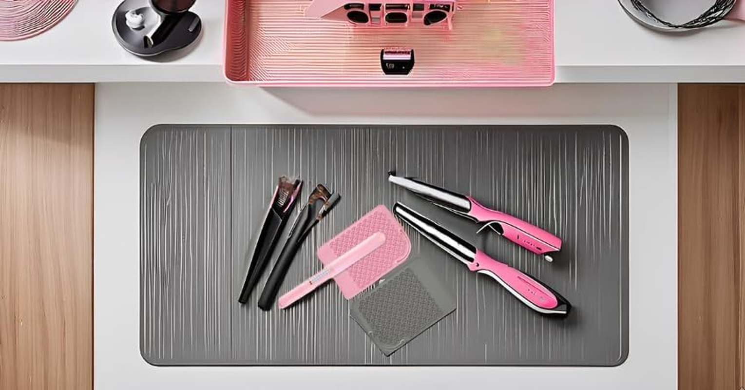 2 PCS Grey and Pink, Silione Heat Resistant Mat for Hair Straightener, Curling Irons, Flat Irons and Hair Styling Tools 8.27" X 6.1", at Travel and Home, Portable image number 2