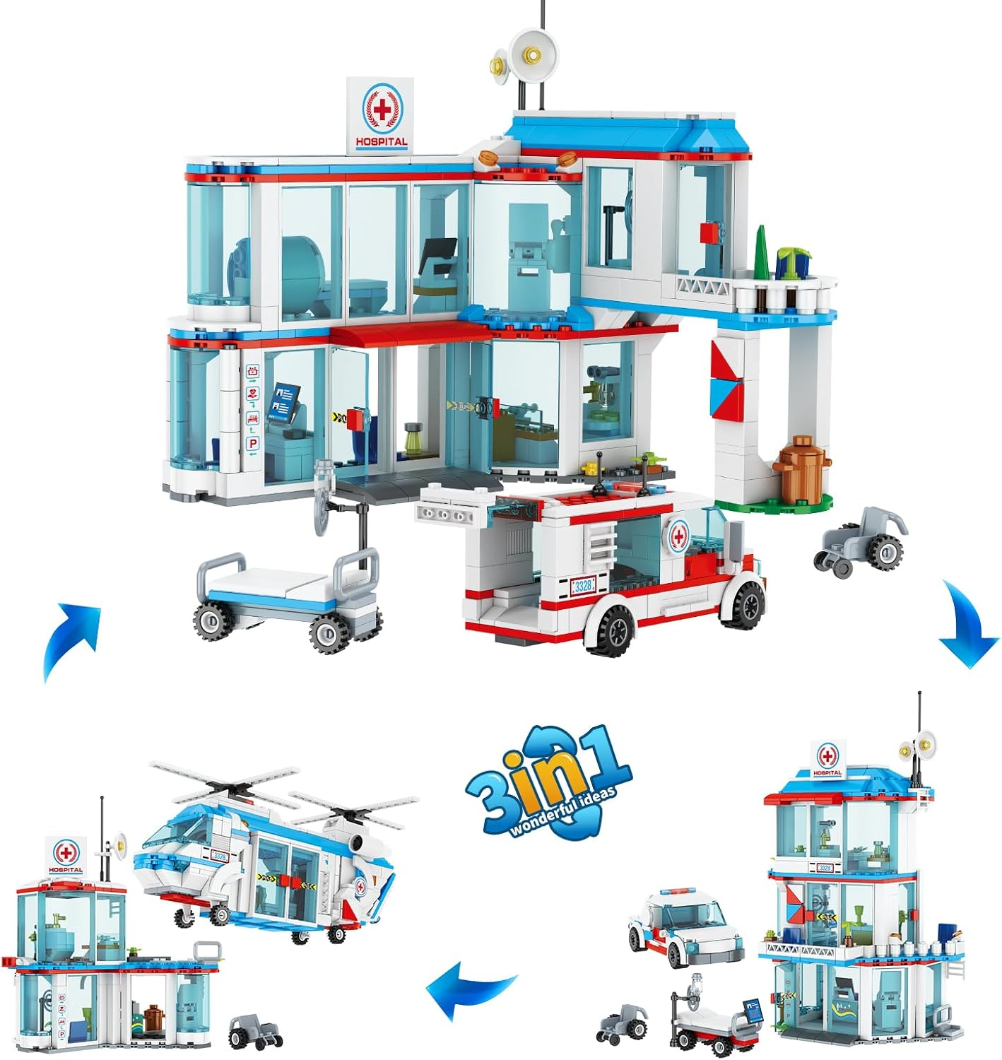 City Hospital STEM 3 In1 Building Sets, Compatible with  Ambulance Tor Truck, Rescue Helicopter, Connect to Other City Sets, 687 PCS Best for 6 7 8 9 10 Boys image number 1