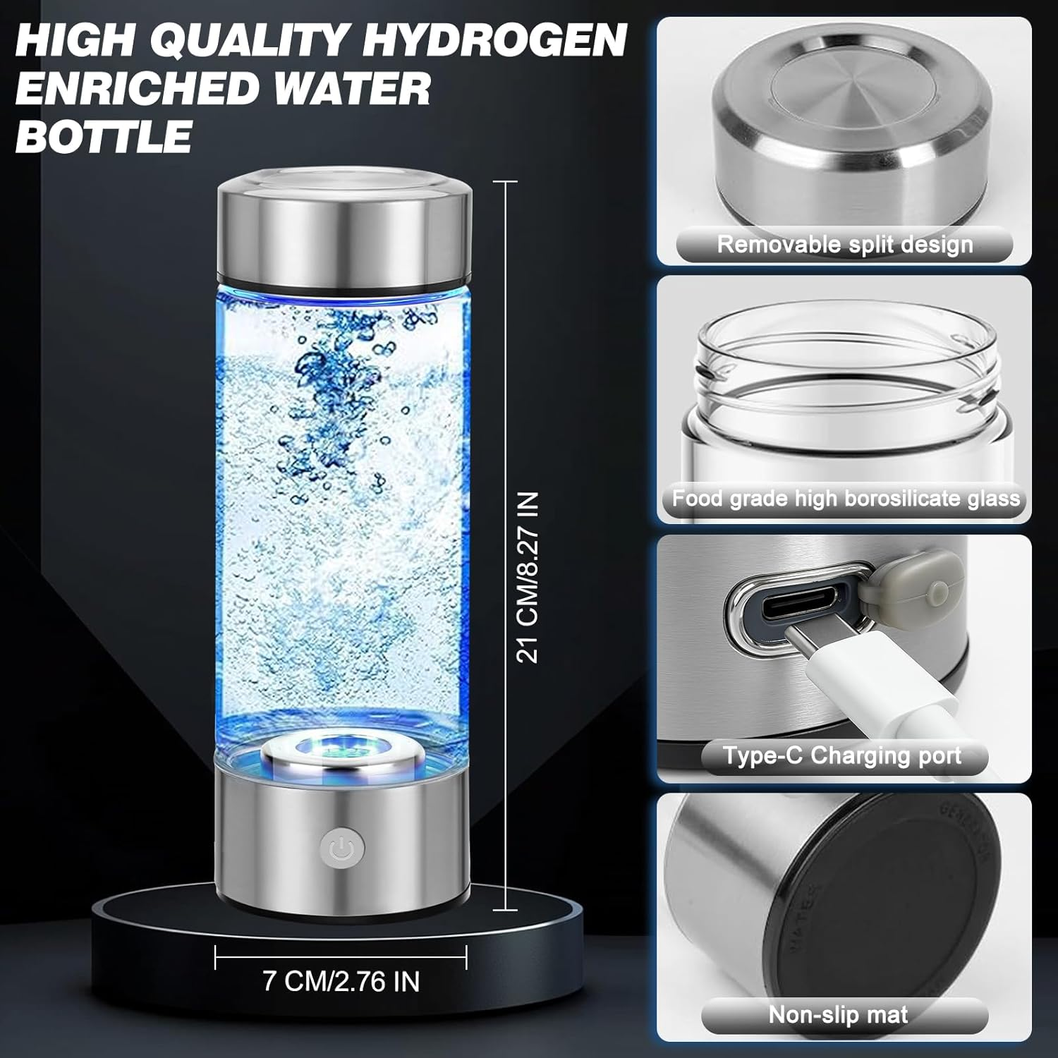 Hydrogen Water Bottle, Hydrogen-Rich Water Generator Bottles -Upgraded SPE/PEM Technology, Portable Rechargeable Hydrogenated Water Glass Bottle (Suitable for Purified & Distilled Water) image number 6