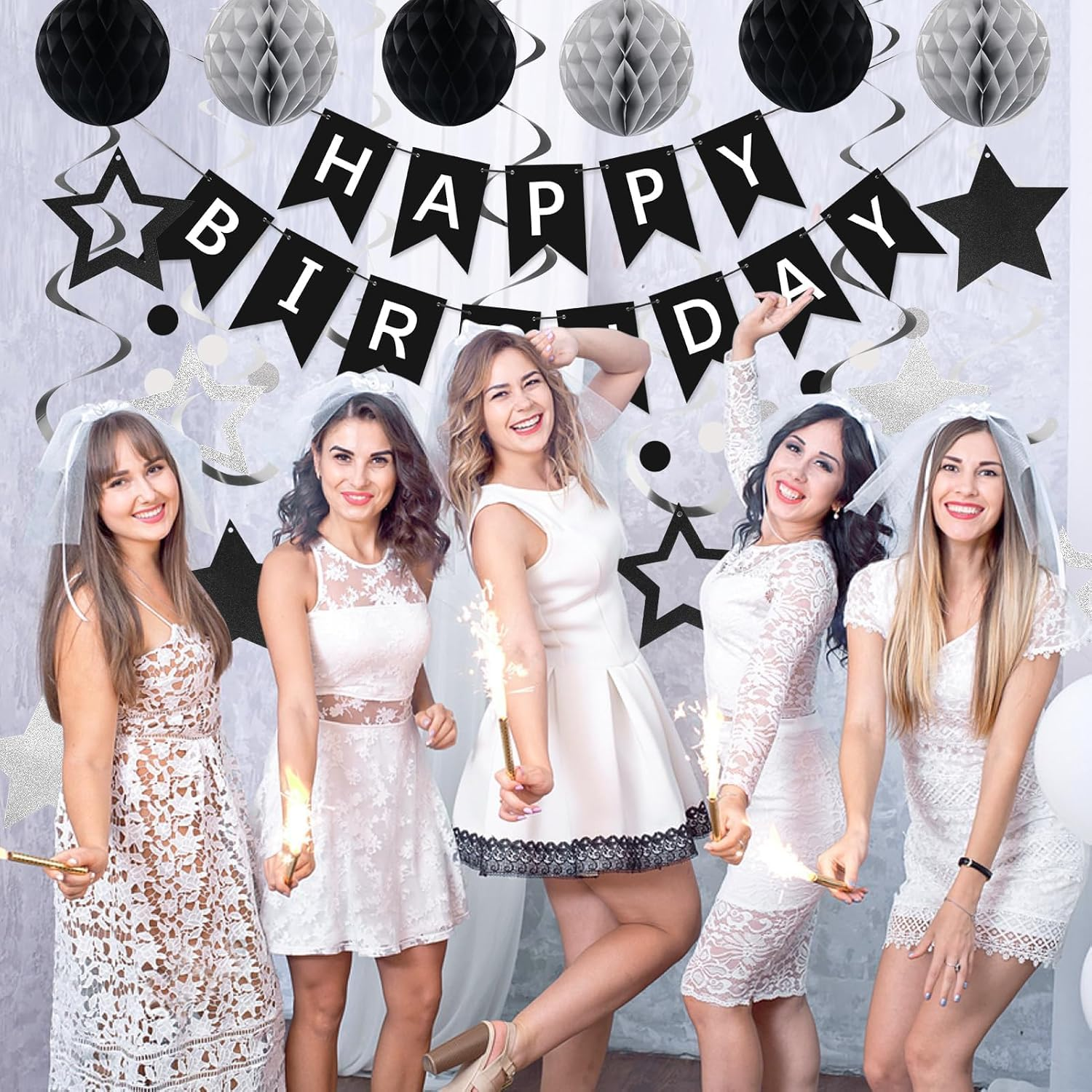 Lumjoy Birthday Decorations Happy Birthday Banner with Honeycomb Balls Star Hanging Swirl Streamers Circle Dot Garland Party Decoration for Women Men Boys & Girls (Black & Silver) - Blue image number 6