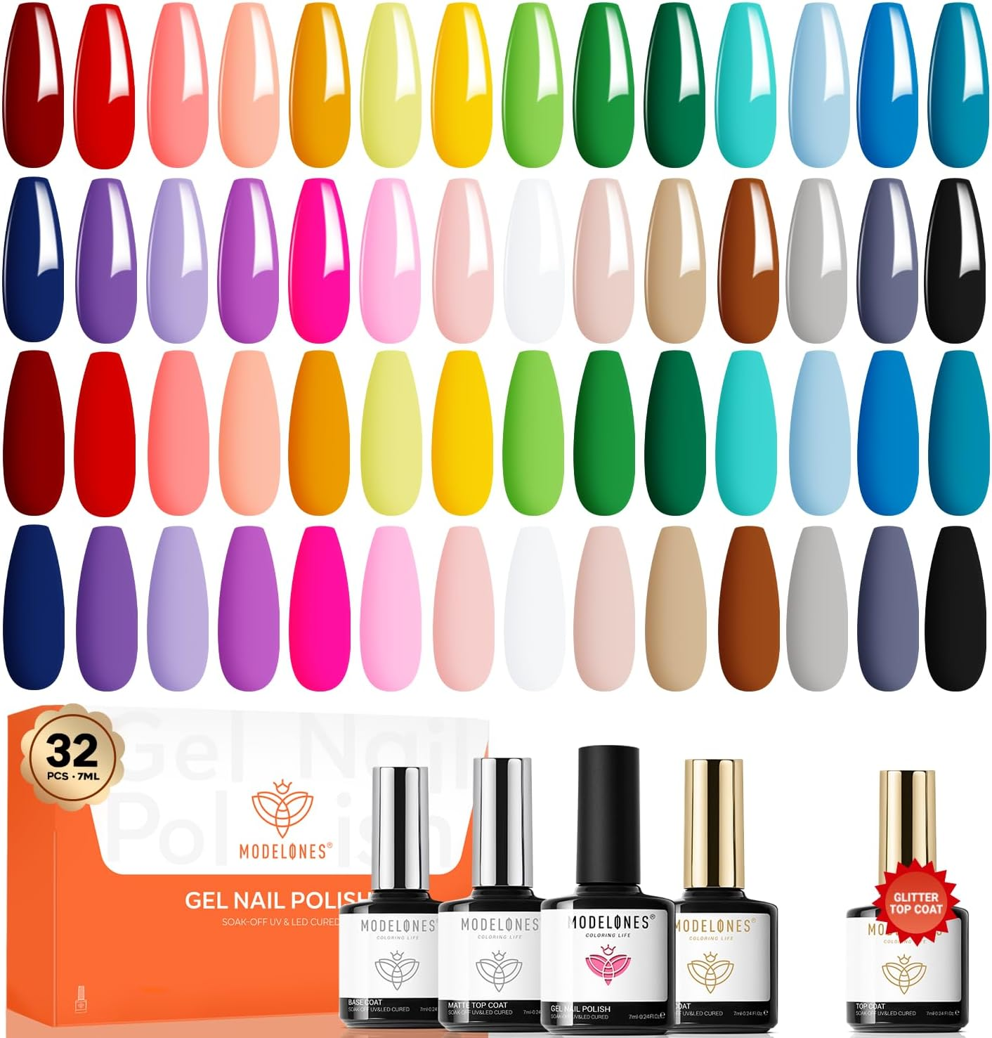 Modelones 32 PCS Gel Nail Polish Set, 28 Colors Spring Summer Rainbow Gel Polish with No Wipe Base Coat, Glitter & Glossy & Matte Top Coat Soak off LED Nail Art Kit Salon at Home image number 3