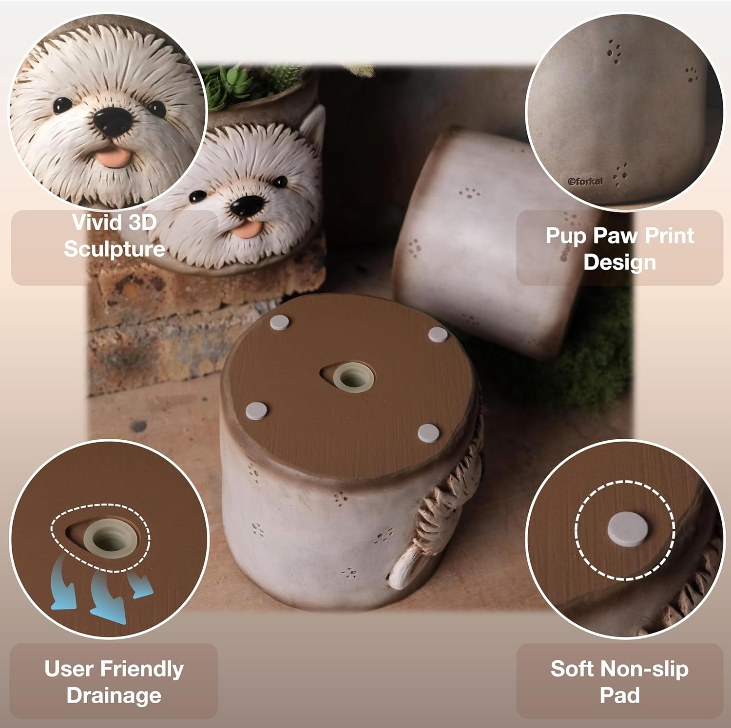 Puppy Westie Planter Pots for Indoor Plants, 6 Inch Resin Adorable Face Plant Pots Antique Design, Cute Flower Pots with Drainage, Home Decor for Dog Lovers image number 6