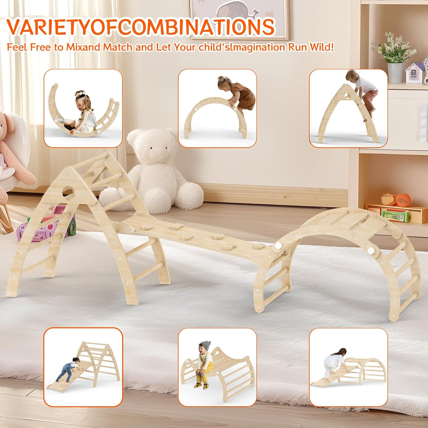 Pikler Triangle Set for Toddler Climbing Toy Indoor, Montessori Toddler Climbing Toys Set with Climbing Triangle, Ramp, Transformable Arch, Indoor Playground Climbing Toys Set for Toddlers image number 3