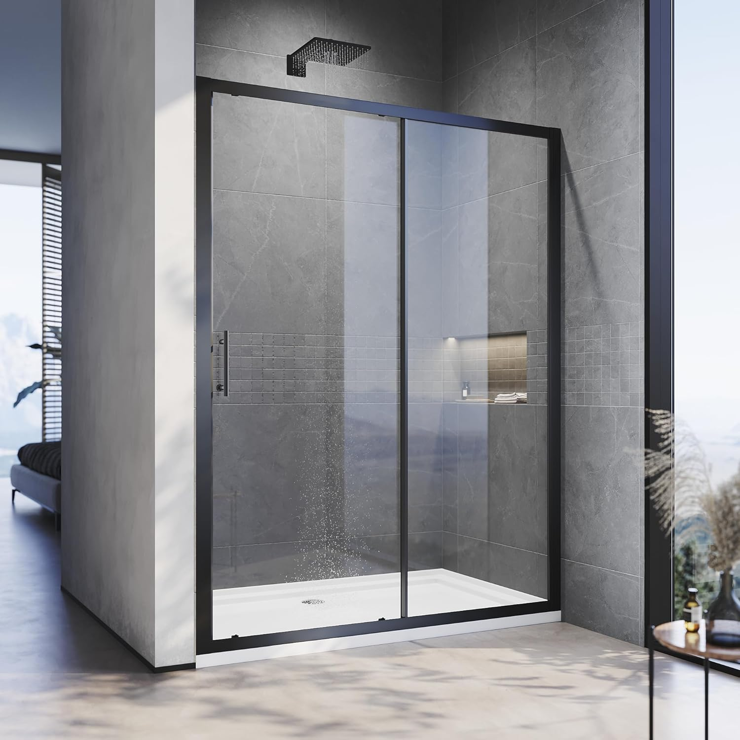 ELEGATN Framed Shower Screen Wall to Wall Sliding Door,Tempered Glass,Easy to Clean,1700&times;1900Mm