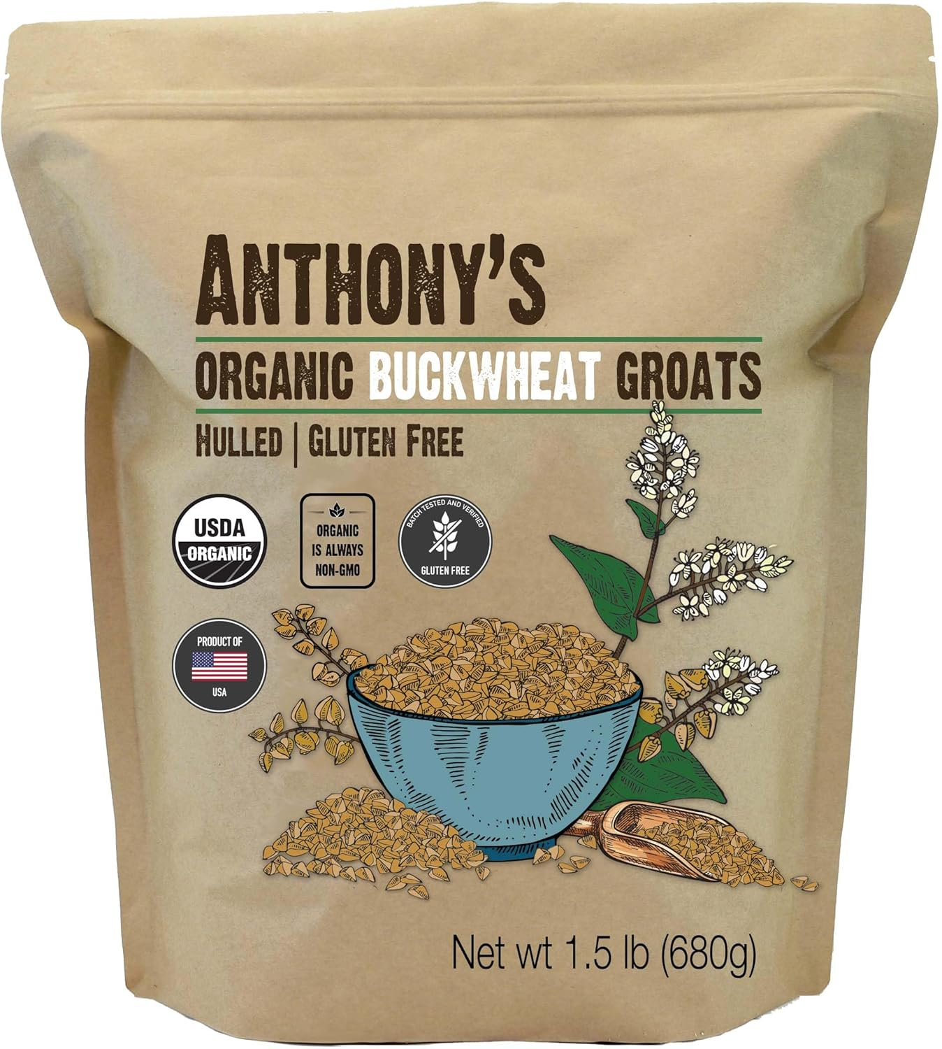Anthony'S Organic Hulled Buckwheat Groats, 1.5Lbs, Raw, Grown in Usa, Gluten Free