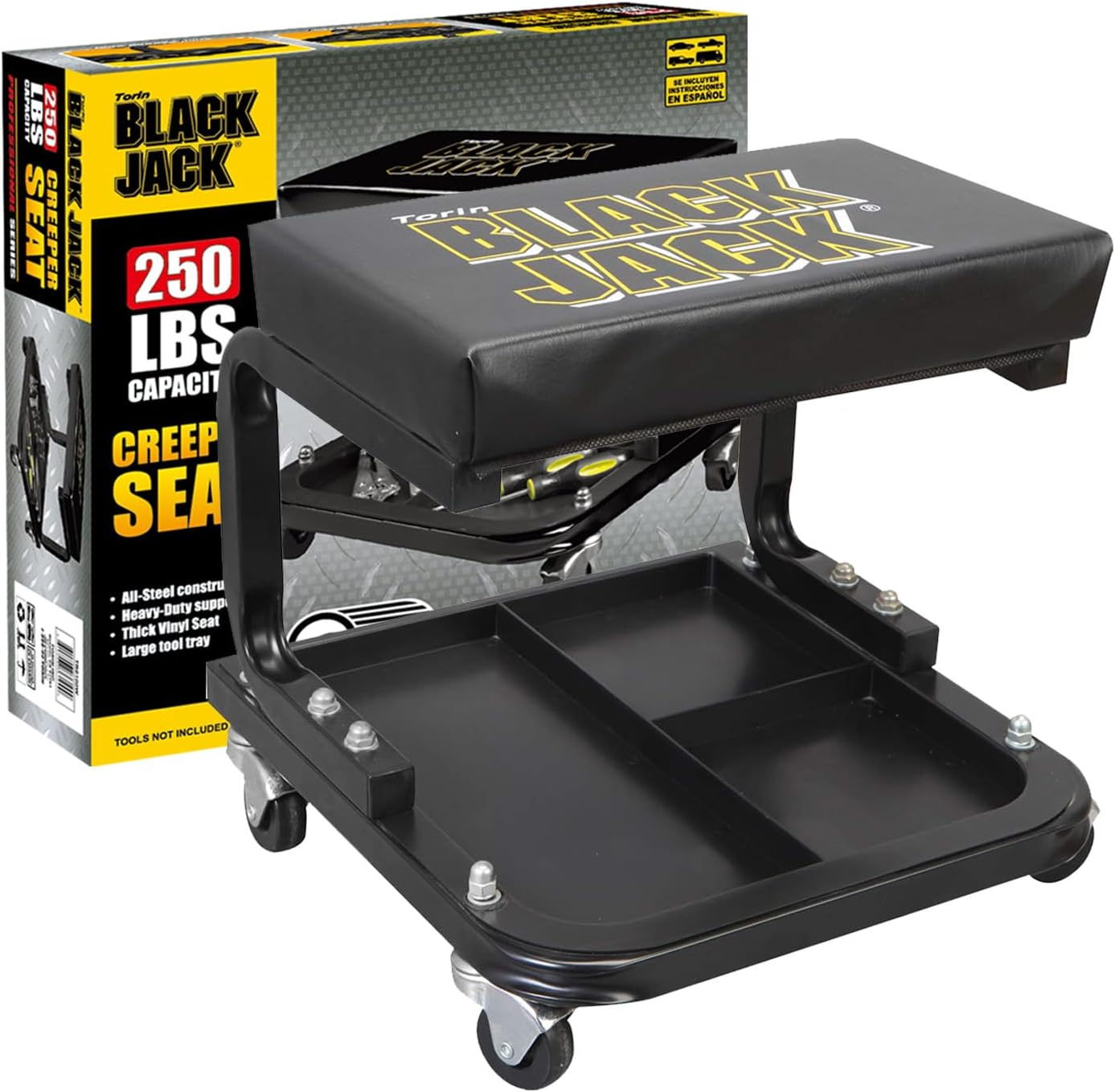 Torin TR6100W Blackjack Rolling Creeper Garage/Shop Seat: Padded Mechanic Stool with Tool Tray Storage, Black image number 3