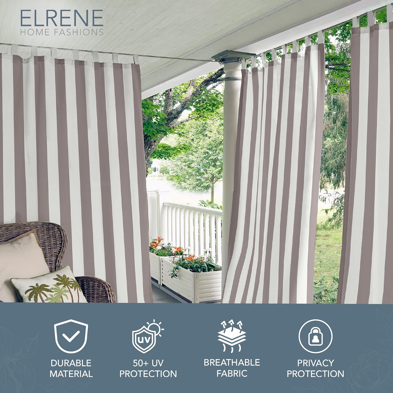 Elrene Home Fashions 026865874464 Indoor/Outdoor Tab Top Stripe Single Panel Window Curtain Drape, Gray, 50"X84" image number 2