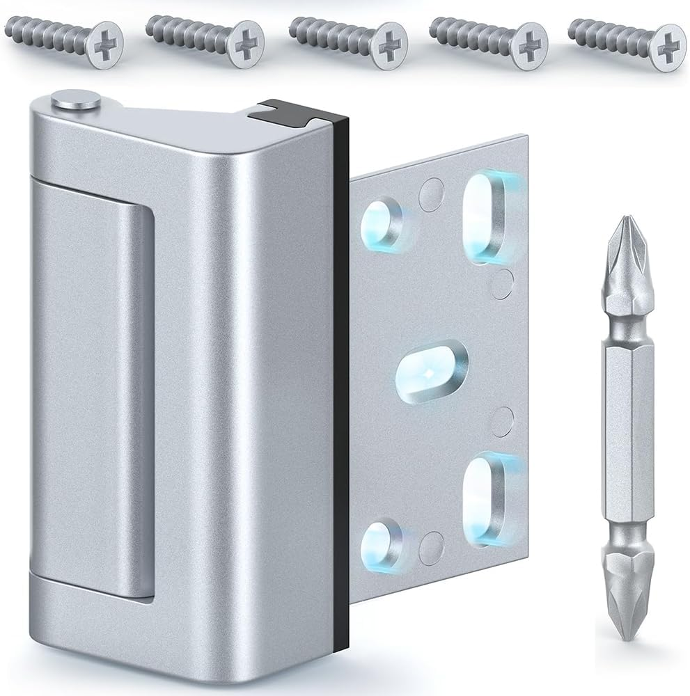 1 PCS Silver Home Security Door Lock with 5 Screws,Childproof Door Reinforcement Latch with 3" for Inward Swing Doors,Night Lock for Front Door Defense,Includes Frosted Silver Drill Bit image number 1