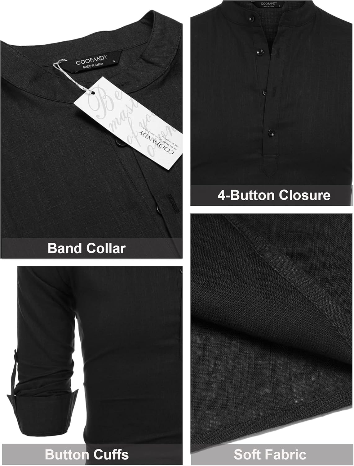 Coofandy Men'S Cotton Linen Henley Shirt Long Sleeve Hippie Casual Beach T Shirts Army Green image number 2