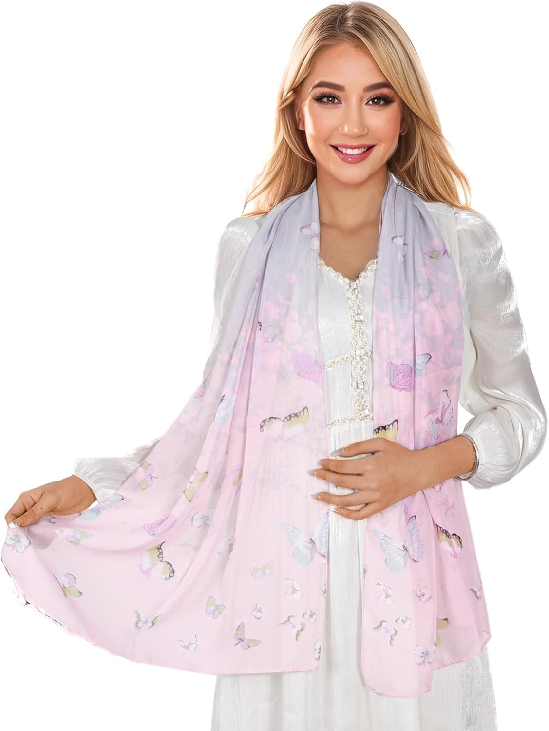 Lamca Chiffon Scarf - Ladies Scarves Lightweight Fashion Floral Print Scarf for Women UK - Fangcao-Darkblue image number 2