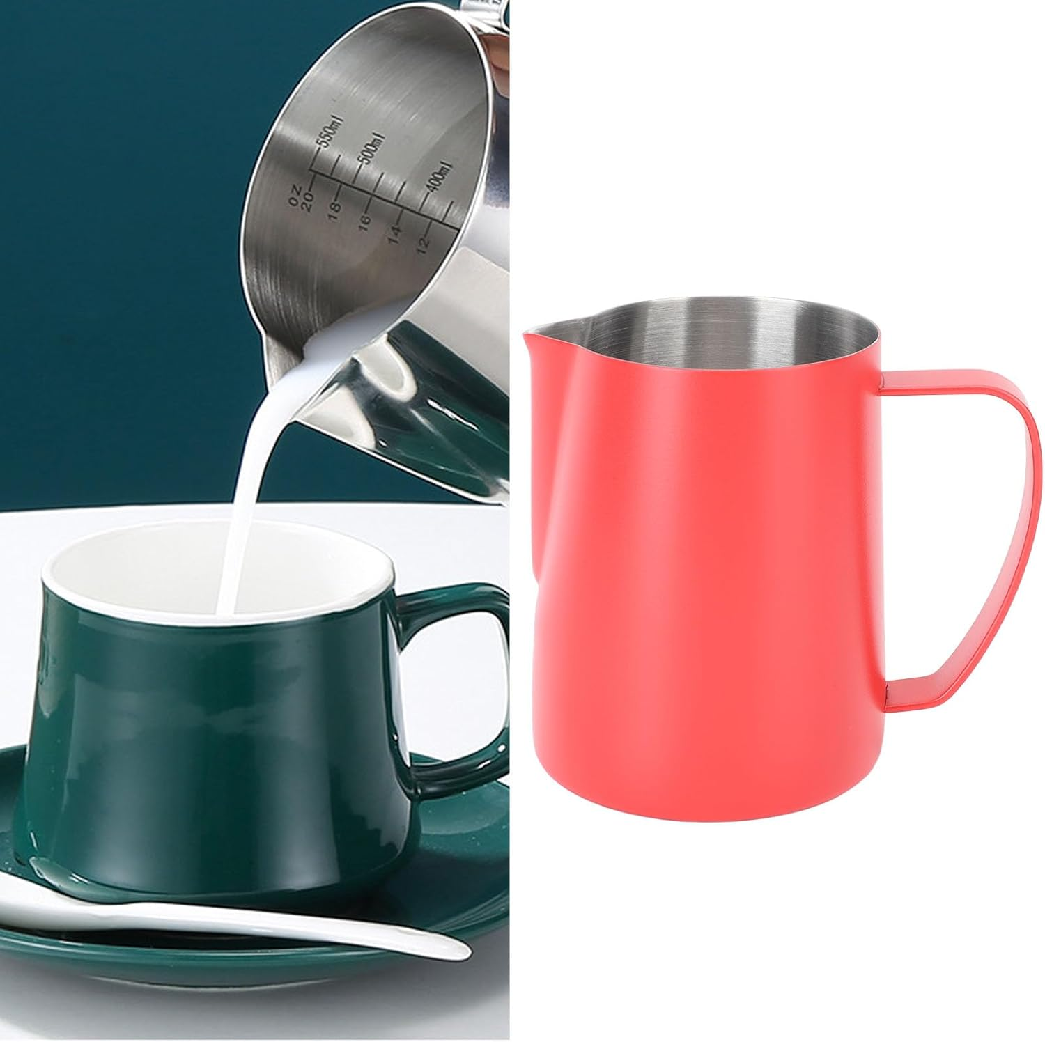 SOULONG Milk Frothing Jug, 600ML Stainless Steel Coffee Frother Cup Pitchers with Measuring Scale and Pointed Spout for Espresso Machines Latte Art Cappuccino Milk Tea (Red) - Red image number 5