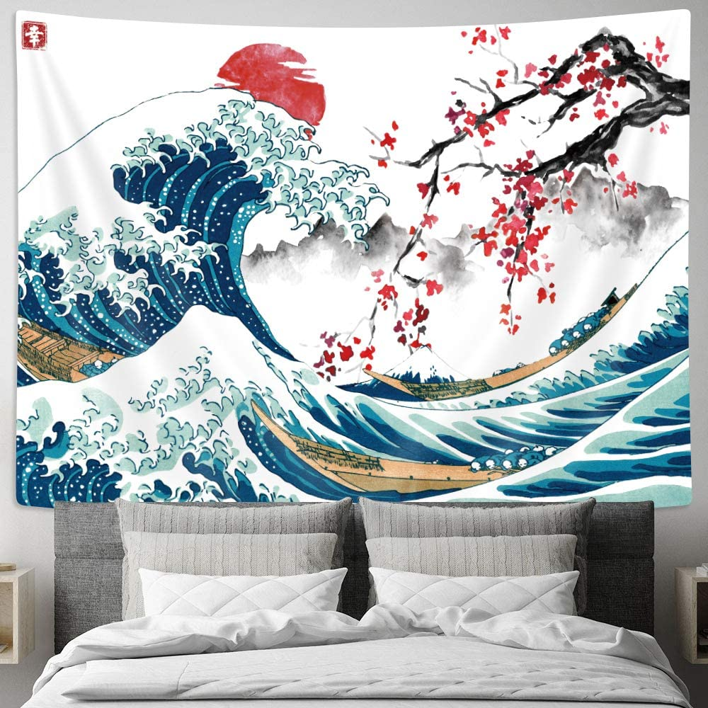 MERCHR Japanese Wave Wall Tapestry, Cool Ocean Wave Decoration, Asian Anime Mount Red Sun Cherry Blossom - 60X40 Inches image number 3
