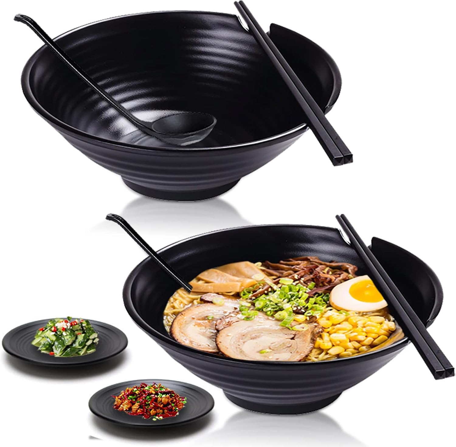 Vivimee Unbreakable Japanese Style Ramen Bowl Set of 2, 37Oz Black Large Ramen Bowls and Spoons Set with Chopsticks & Saucers for Pho Thai Miso Udon Soup Noodles or Asian Food, Matte Melamine Bowls image number 6