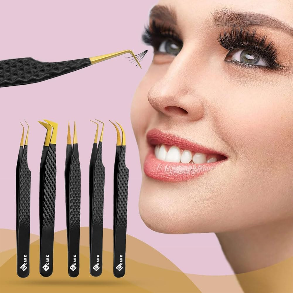 YSACRE Eyelash Extension Tweezers Set of 5 Japanese Stainless Steel Diamond Grip Lash Tweezers for Straight Curve 45 Degree 90 Degree Lash Volume Women (Pink) (Black/Gold)