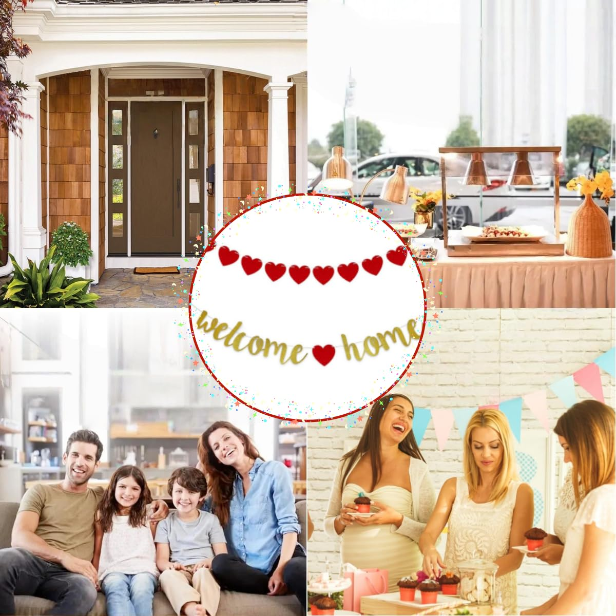 Welcome Home Banner, Welcome Home Decorations Banners Flag, Pre-Strung Shiny Party Decoration with Heart Garland, Housewarming, Family Reunion,Rustic Bunting Garland Family Gathering Photo Booth Props image number 3