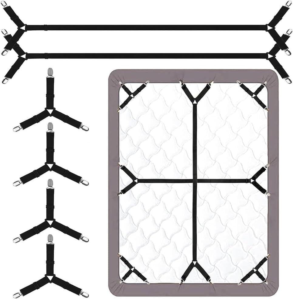 Elastic Crisscross Fitted Sheet Straps with Triangle Clips, 6 Piece Bedsheet Fastener Suspenders and Grippers, Crisscross Fitted Sheet Clips Holder Elastic Bands Bedsheet Fasten Suspenders Grippers image number 1