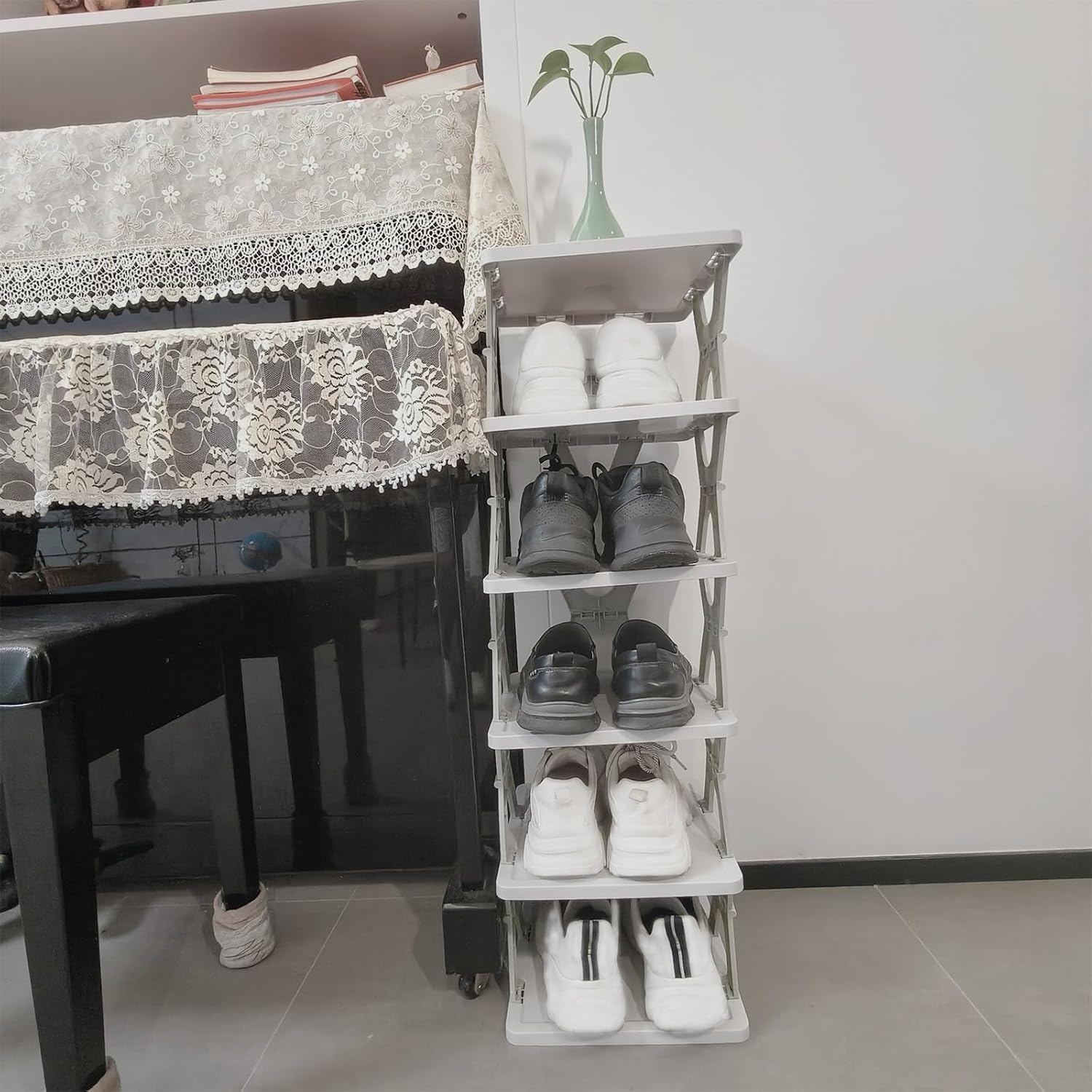 Foldable Vertical Shoe Rack, X-Design Tall Shoes Organiser for Narrow Space, Corner Shelf for Single Dormitory or Small Room (Purple, 6 Tier)