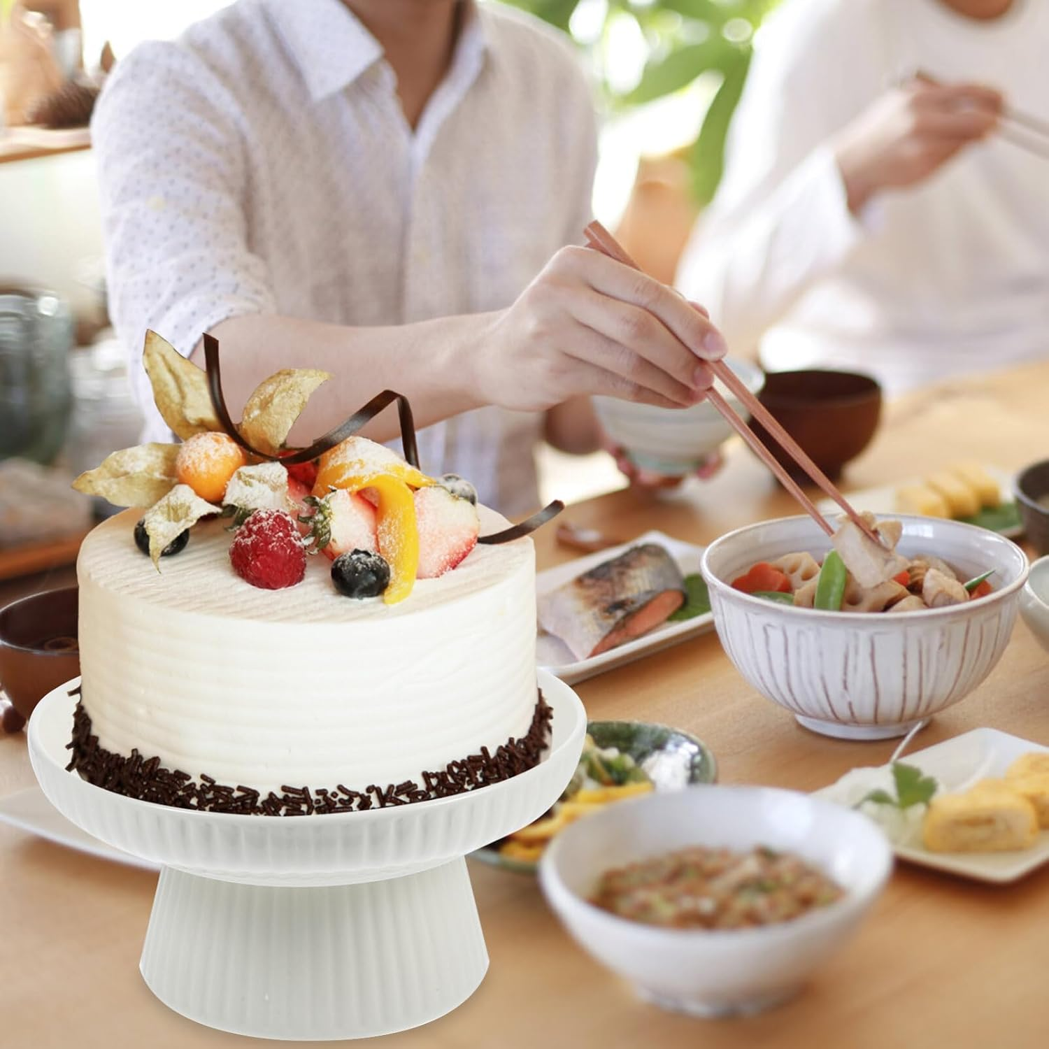 1PC White Ceramic Fruit Bowl for Kitchen Counter, Ceramic Footed Serving Bowl, Dessert Display Stand Food Snack Storage Tray for Home Kitchen image number 6