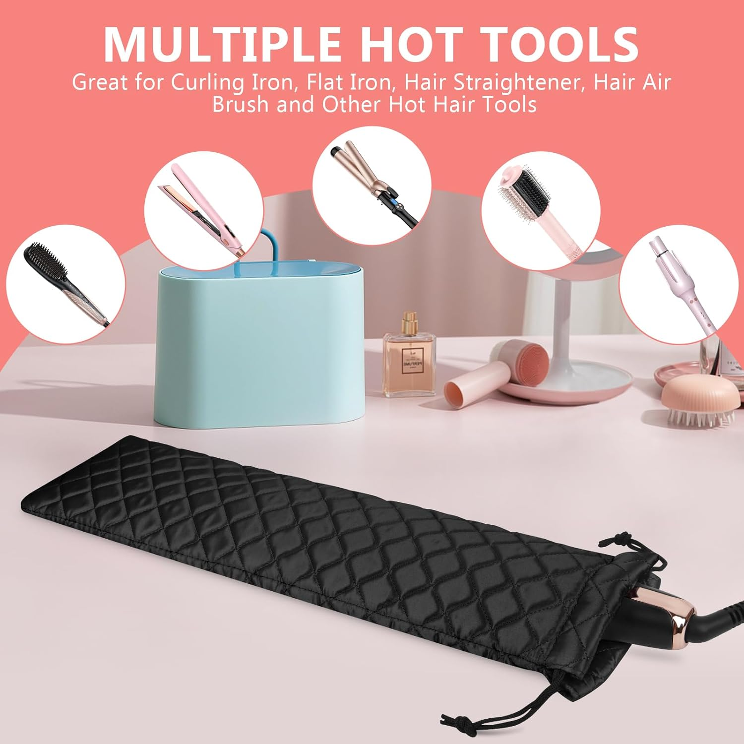 AMIJEAL Heat Resistant Hair Tools Storage Bag Portable Travel Drawstring Organizer Cover Pouch for Curling Iron, Flat Iron, Hair Straightener and Other Styling Tools(16" X 4.3")