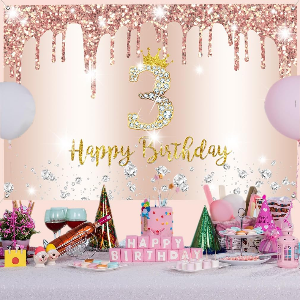3Rd Birthday Decorations for Girls Happy 3Rd Birthday Backdrop Banner Party Deco Girl 3 Years Old Sign Poster Rosegold Photo Background 3Rd Birthday Party Supplies, 150 Cm X 90 Cm image number 3