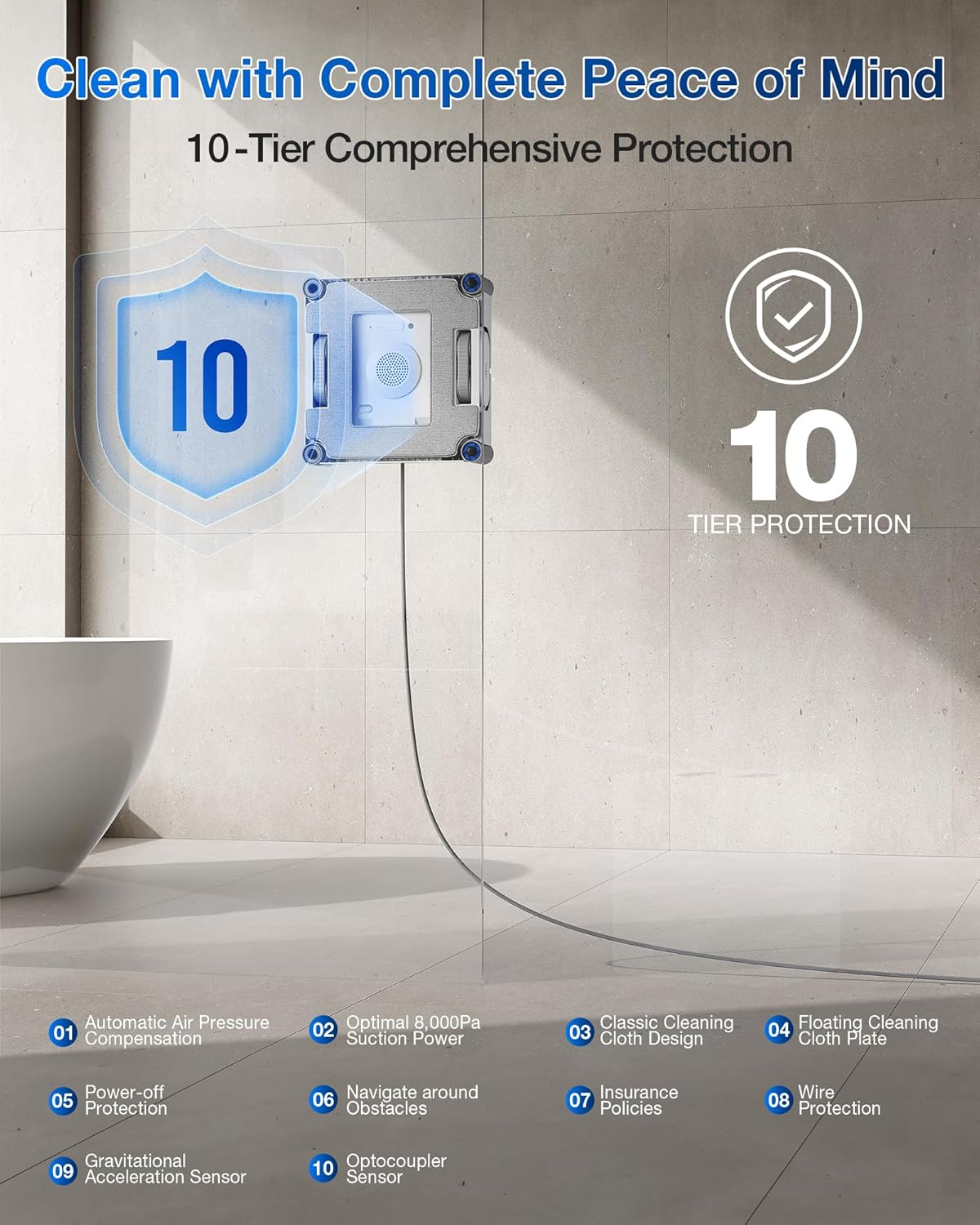 ECOVACS WINBOT W2S Window Cleaning Robot, Intelligent Edge-To-Edge Cleaning with Truedge Scrubbers, 3 Water Nozzles, 10-Level Safety System, Win-Slam 4.0 Route Planning, Even Climbing System image number 6