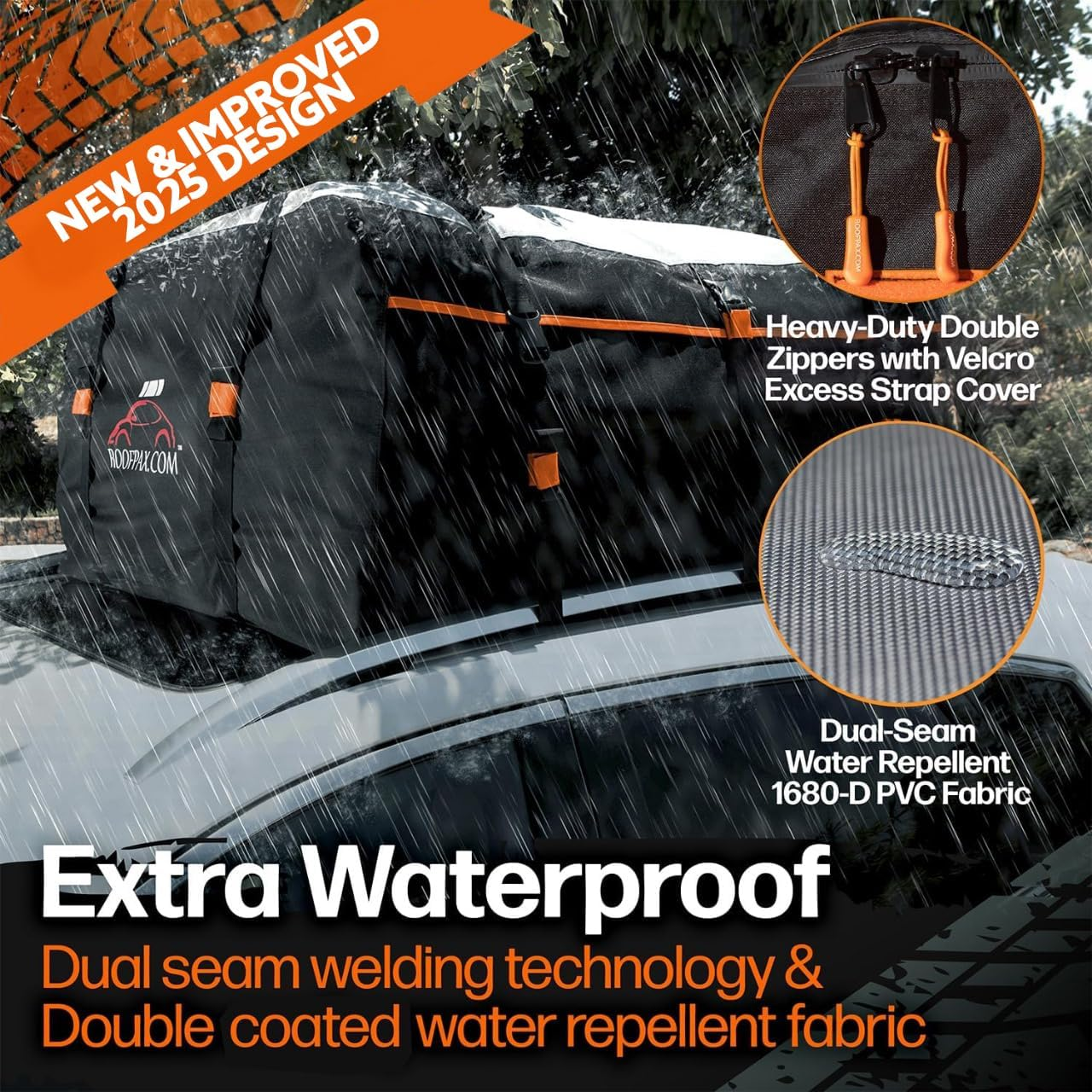 Roofpax Expandable 15/19 Cft. Car Rooftop Cargo Carrier Bag Waterproof Storage Including Double Zippers Integrated Mat 10 Heavy-Duty Tie-Down Straps Fit Cars With/Without Roof Top Rack or Side Rails image number 5