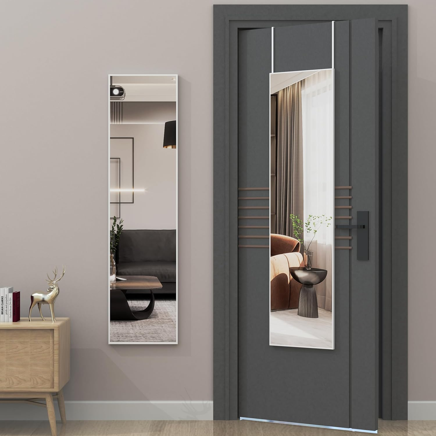 ANYHI over the Door Mirror, 120X30Cm Wall Mirror Full Length, White Mirror Full Length, Door Hanging Mirror, Full Body Mirror for Door, Wall Mounted Mirror for Bedroom Bathroom image number 2