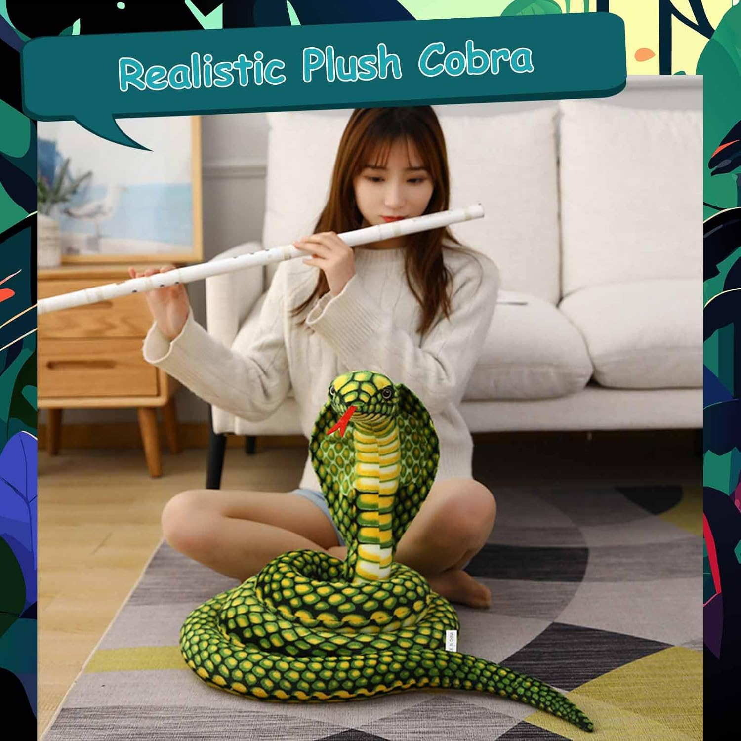 67 Inch Realistic Eyed Cobra Plush Toy,Large Snake Stuffed Animal for Pranks,Parties,And Decor(Green) image number 2