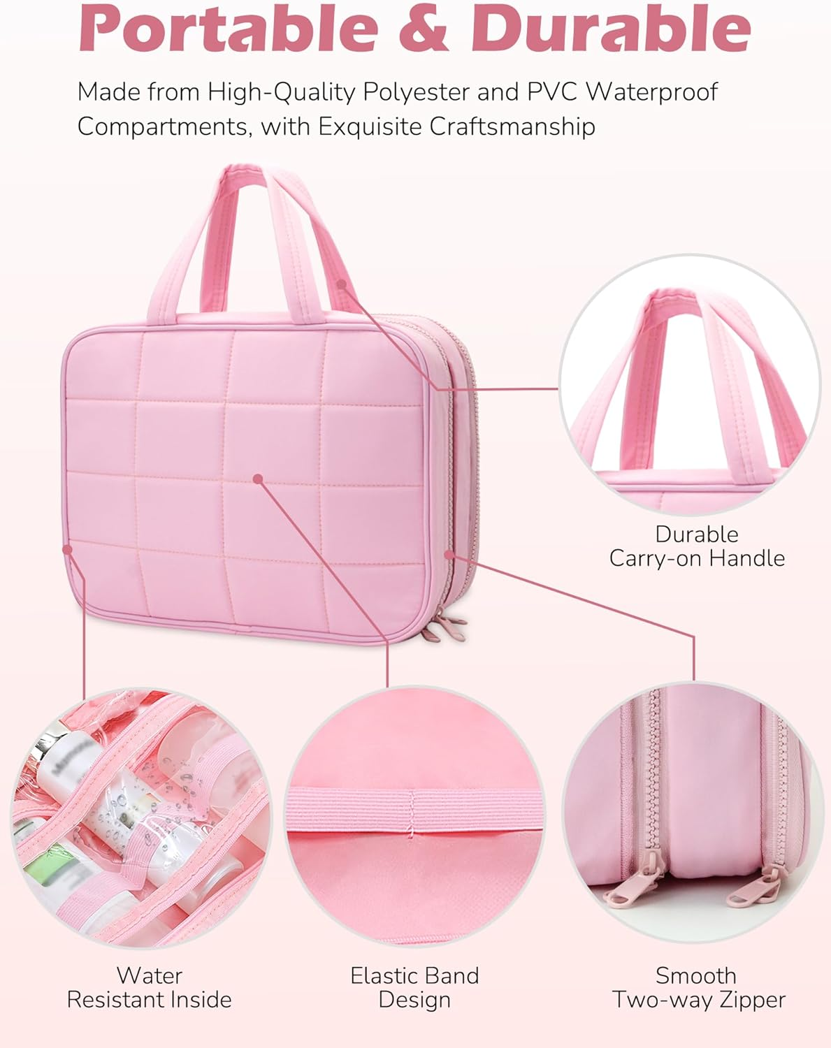 Travel Toiletry Bag for Women, Wide-Open Makeup Pouch,Hanging Toiletry Bag with Hook,Travel Storage Organizer for Skin Care Cosmetics Toiletries Full Sized Container (White) - White image number 5