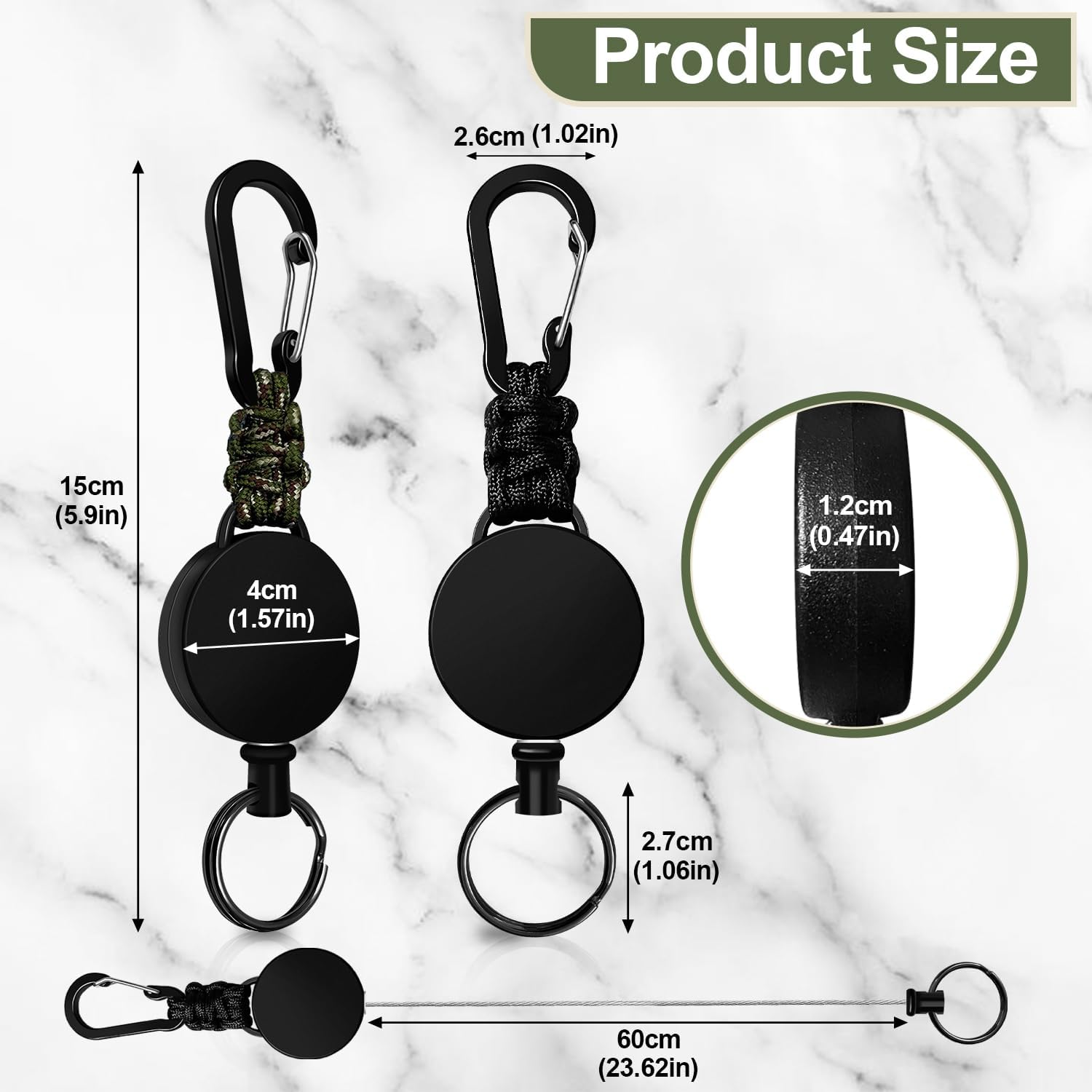 Retractable Keychain 2 Pack Heavy Duty Carabiner Badge Holder, Tactical ID Badge Reel Retractable Key Ring with 60 Cm Steel Extendable Cord and Paracord