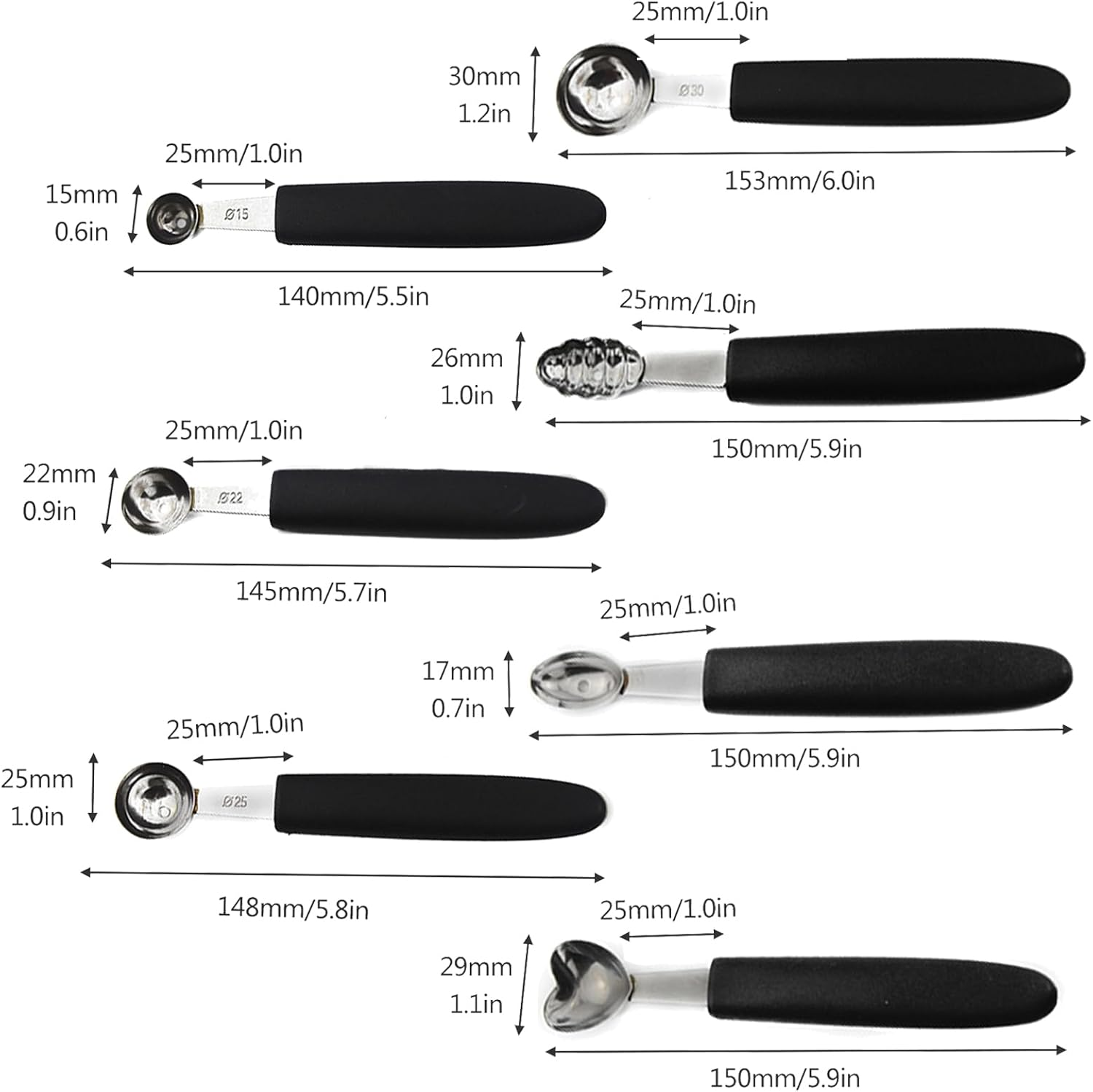 YLSZHYR 7Pcs Melon Baller Scoop Set, Stainless Steel Baller Scoop,Stainless Steel Melon Ballers Melon Scoop for Cutting and Scooping Fruit Melons Cake Scoop Cake Press Mold Spoon image number 1