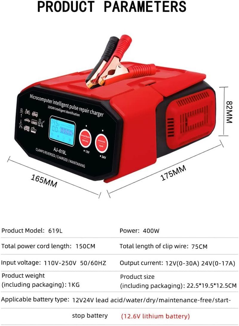 Smart Automatic 12V 24V 30A 400W Car Battery Charger, Maintainer Trickle Charger with LCD Display, Suitable for Car Truck Van Boat Lead-Acid AGM AU Plug
