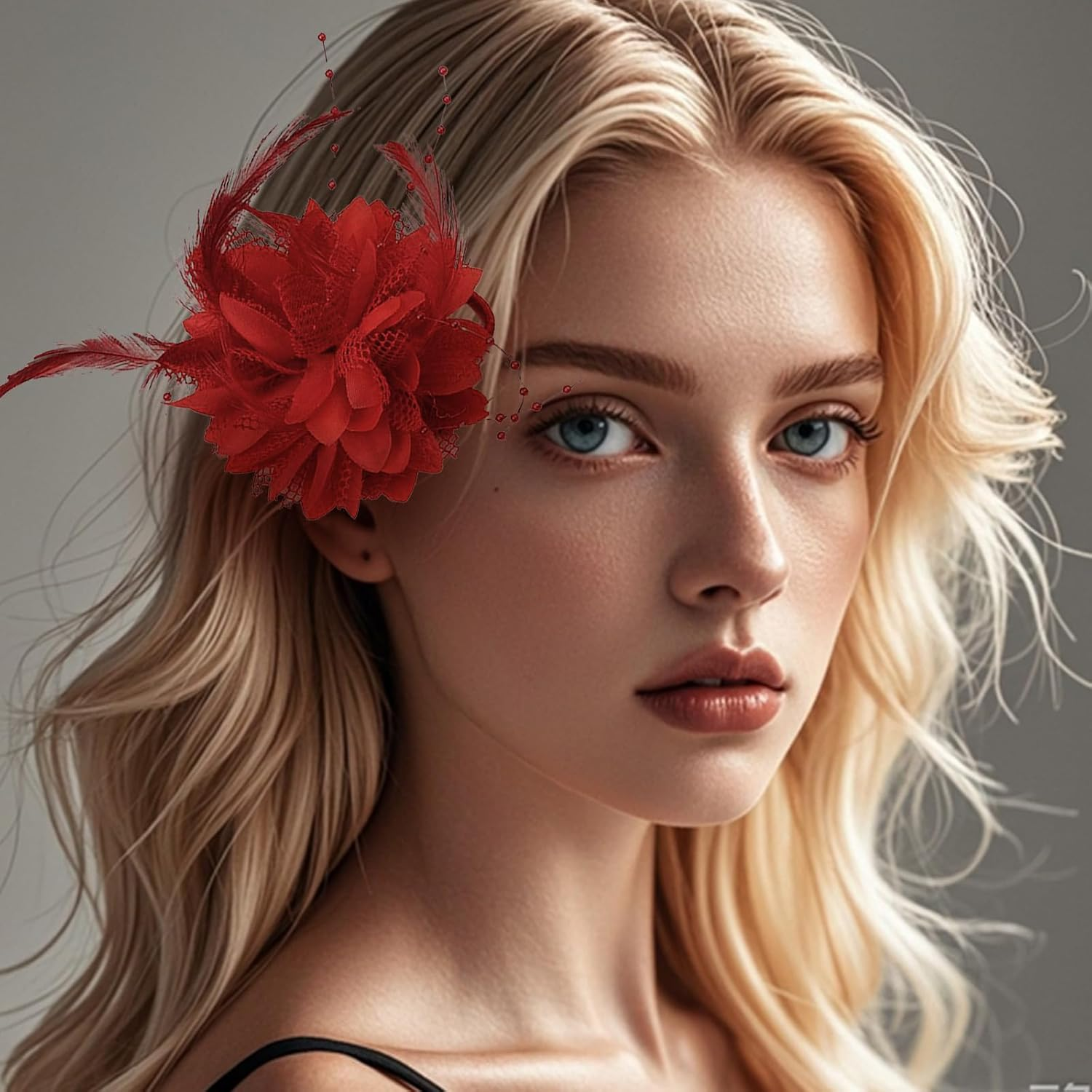 Axvxby B0DLNRM26R Axvxby 3 Piece Chinese Style Large Red Faux Flower Peony Hair Clip + Red Feather Headpiece + Folding Fan with Flowers for Women Hair image number 5