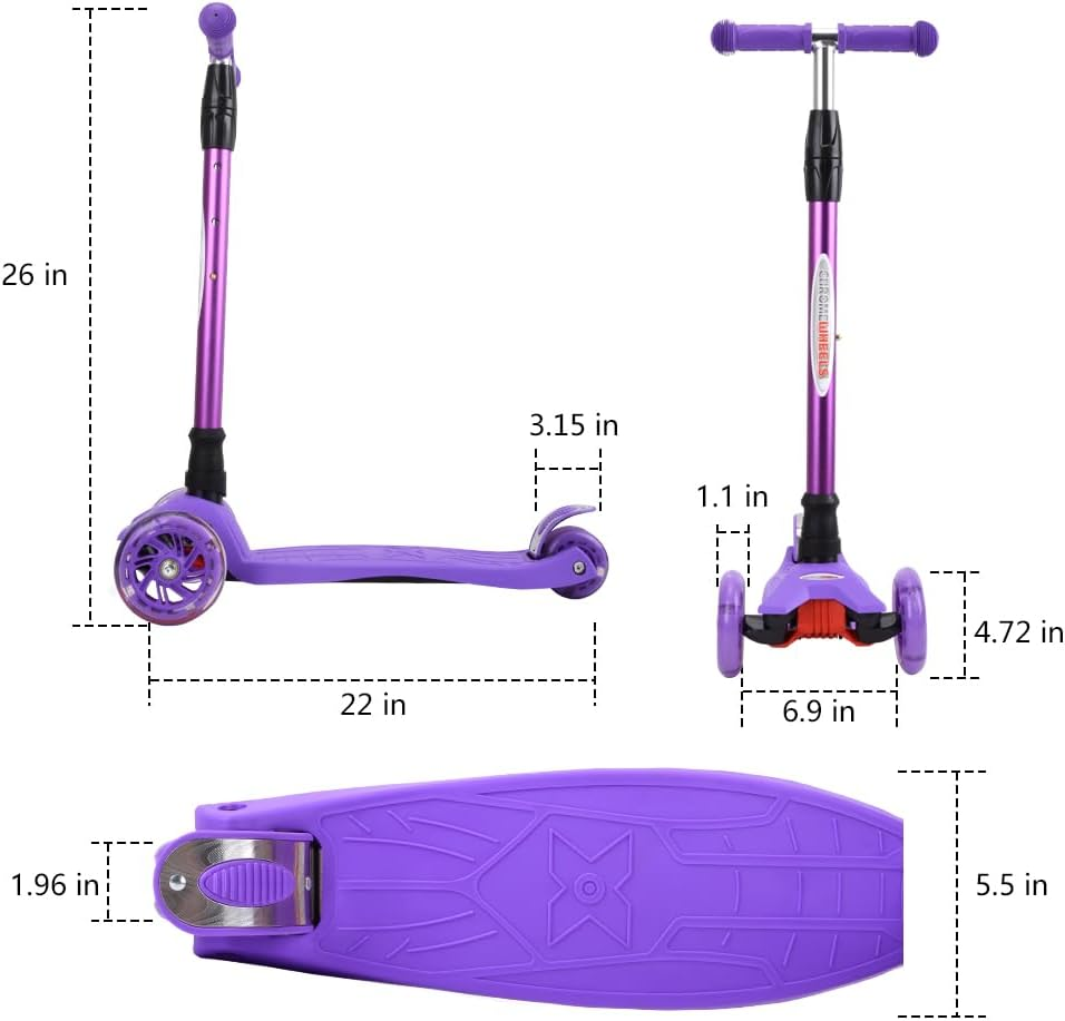 Chromewheels Scooters for Kids, Deluxe 3 Wheels Kick Scooter 4 Adjustable Height 132Lbs Weight Limit, Lean to Steer LED Light up Wheel, Best Gifts for Girls Boys Ages 3-12 Years Old image number 6