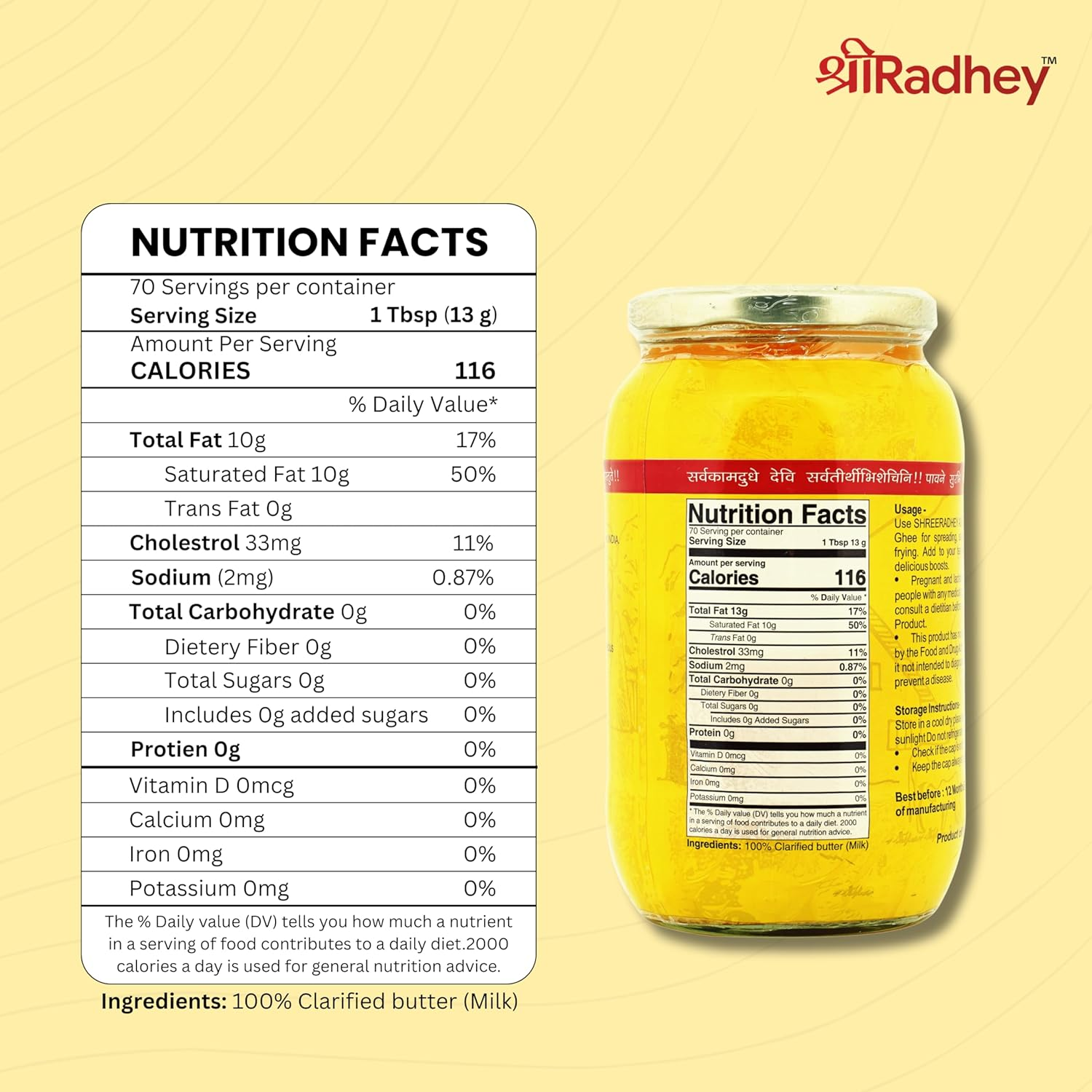 SHREERADHEY A2 Bilona Gir Cow Ghee | 1 Litre X 2 | Glass Bottle | Traditional Bilona Method | Lactose and Gluten Free | Keto Friendly