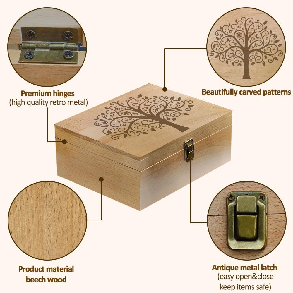 Arricraft 1 Pc Wooden Memory Keepsake Box, Curled Tree Mandala Stars Pattern Storage Decorative Memory Wooden Box with Hinge Lids for Photos Dvds Letters Holding 24.5X19.5X10.3Cm image number 2