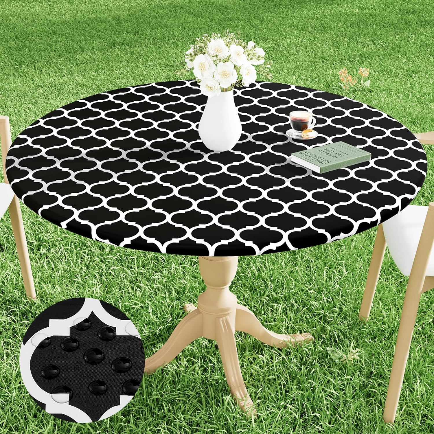 Smiry round Picnic Tablecloth, Waterproof Elastic Fitted Table Covers for 36" - 44" Tables, Wipeable Flannel Backed Vinyl Tablecloths for Camping, Indoor, Outdoor, White