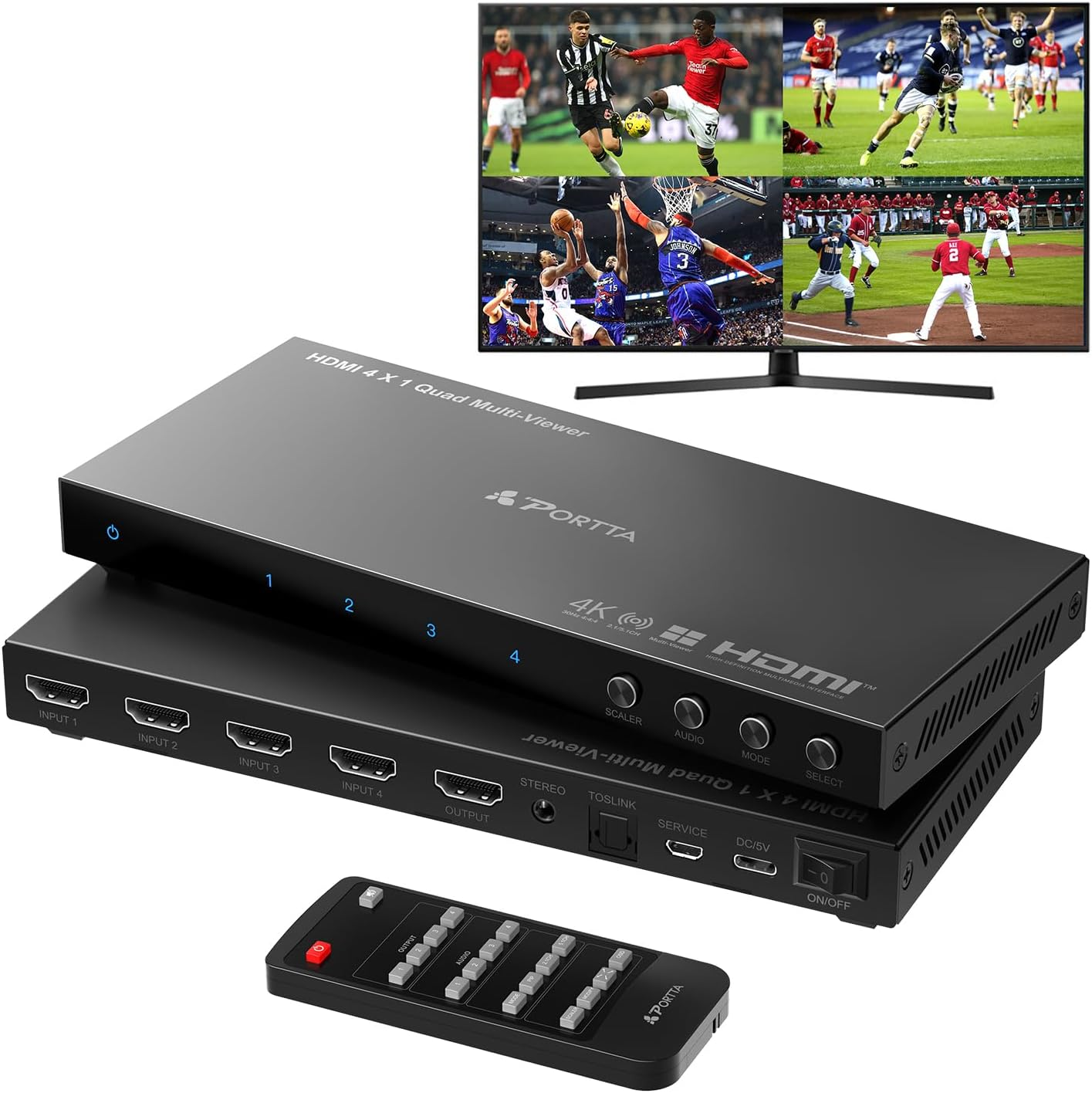 4K HDMI Multiviewer Switch 4X1 with PIP, PORTTA Quad Multi Viewer Seamless Switcher 4 in 1 Out with Toslink, 3.5Mm Audio Output Support 4K 30Hz, 6 Viewing Modes, Downscaler, Compatible with PS4 Xbox image number 6