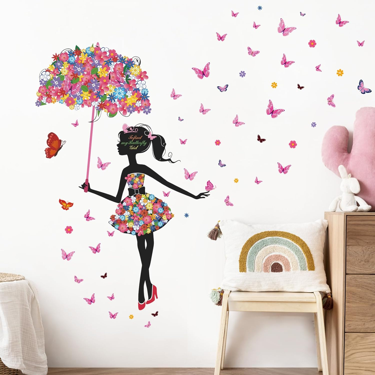 Supzone Flower Fairy Wall Decal Girl with Umbrella Wall Sticker Colorful Butterfly Floral Wall Decor DIY Vinyl Mural Art for Girls Baby Nursery Bedroom Living Room Playroom image number 2