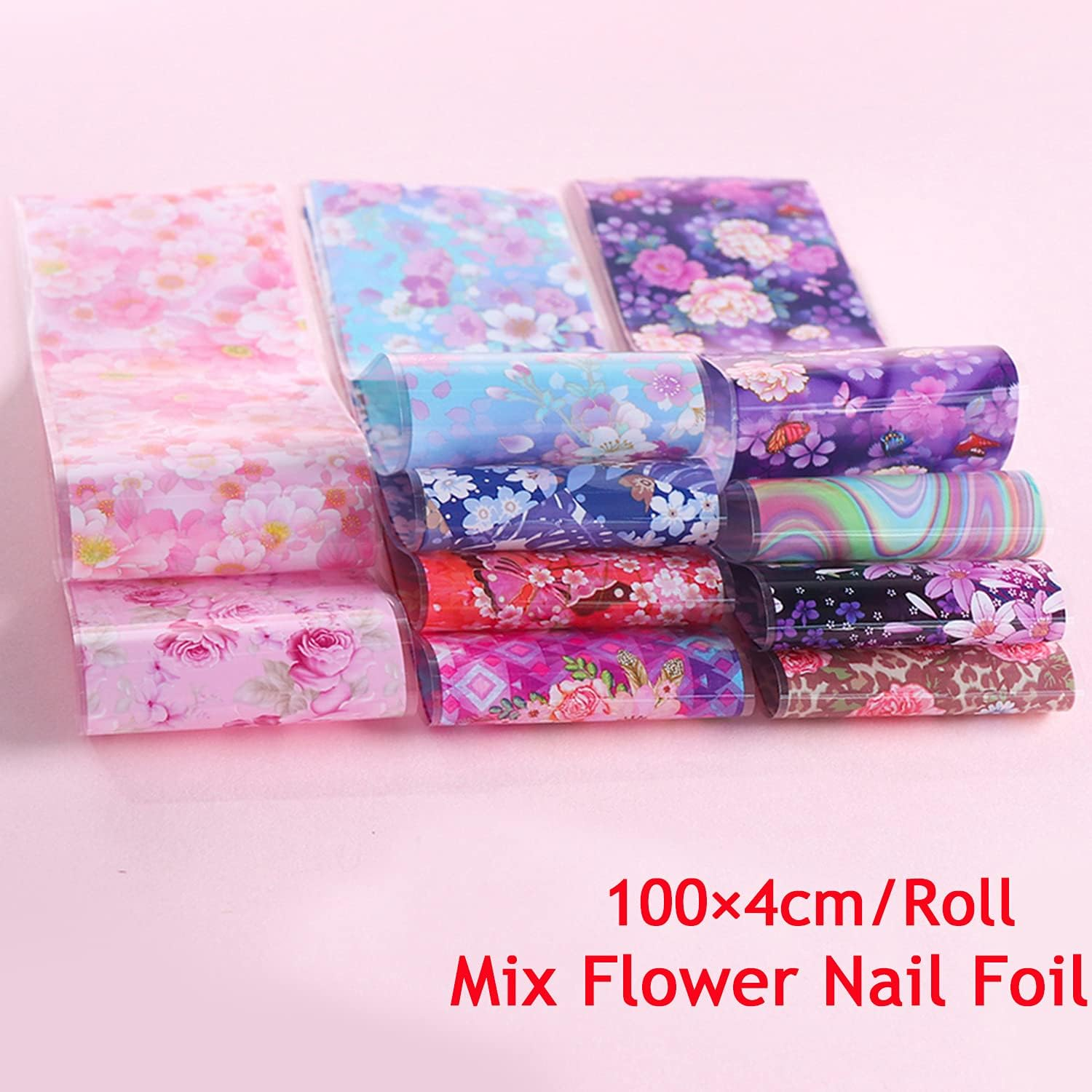 Flowers Nail Art Foil Transfer Stickers Decals, Holographic Pink Floral Nail Art Design, Nail Art Foils for Nail Transfer Glue Polish, Women Fingernails Toenails Acrylic Nails Decoration (10 Rolls) image number 4