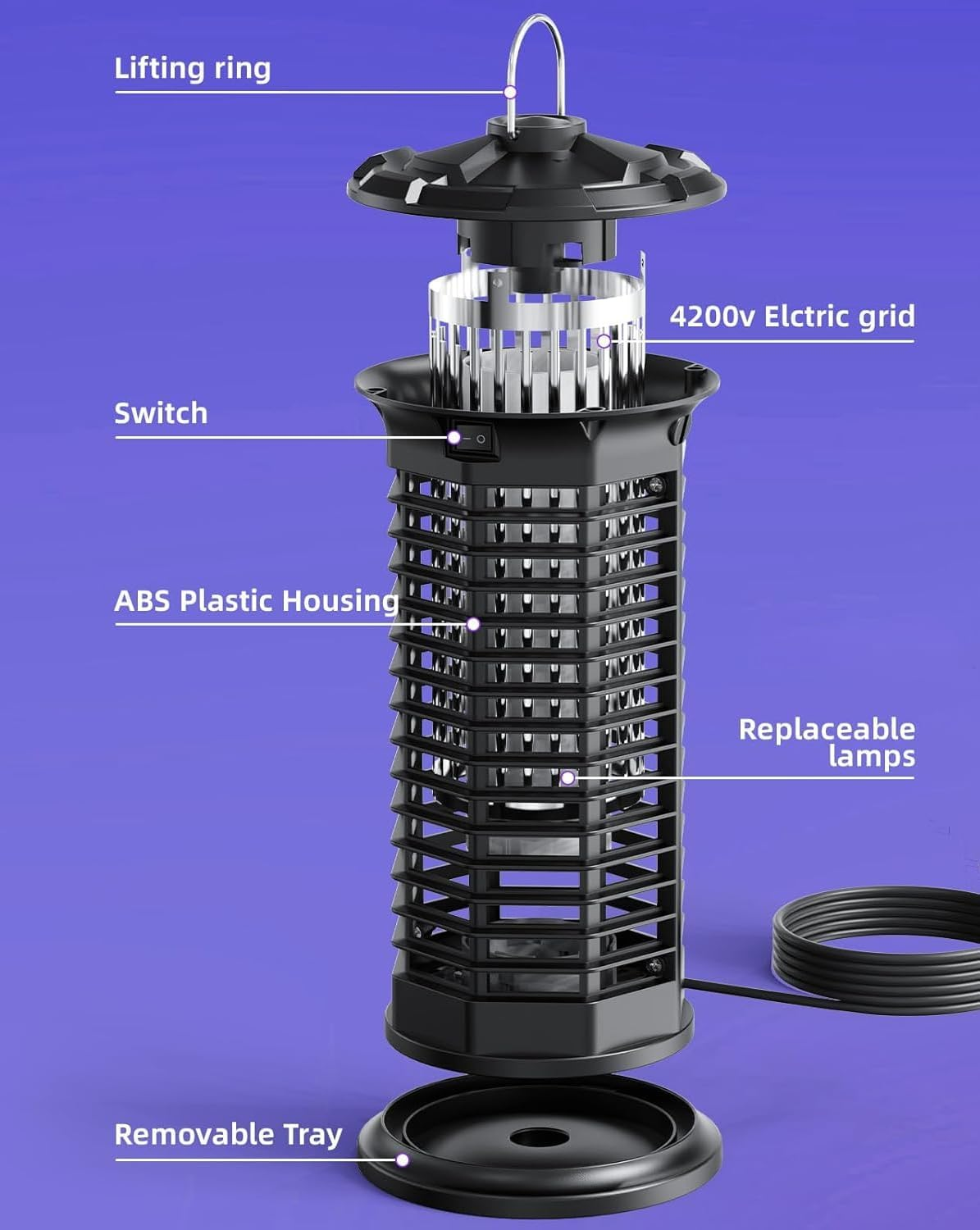 Bug Zapper Outdoor,Fly Traps for Indoors,4200V High Powered Mosquito Repellent Outdoor Patio, with Switch 15W Light Mosquito Zapper for Indoor, Kitchen, Patio, Backyard and More (Black) image number 2