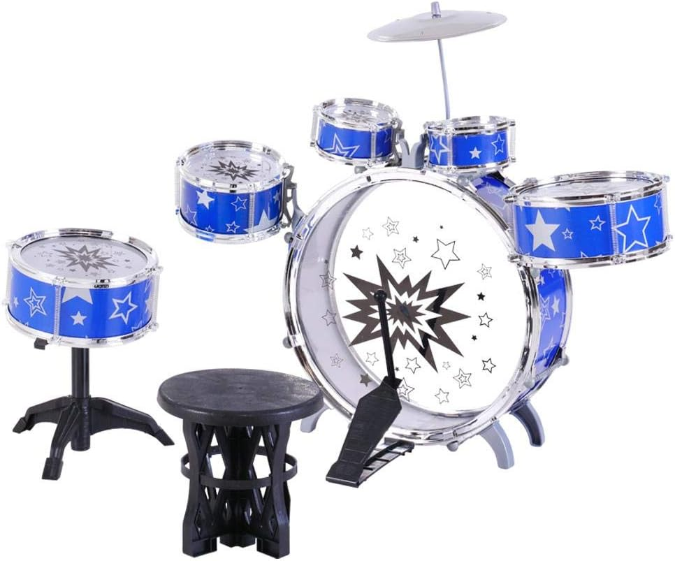 Keezi Kids Drum Set, 11Pcs Toddler Toy Pretend Play Junior Balmy Drums Kit Musical Instruments Educational Children Baby Toys, with Drummer Seat Easy to Assemble Blue image number 2