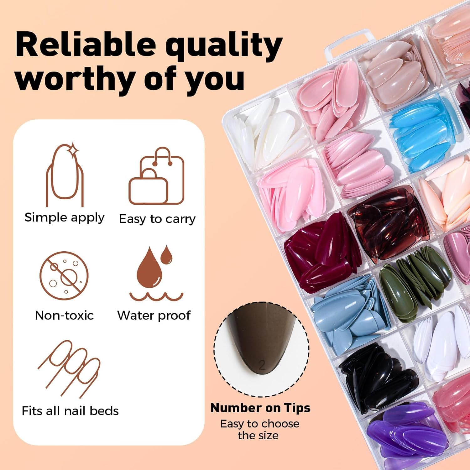 Press on Nails, 24 Colors 576PCS Medium Almond False Nails with 12 Sizes, Full Cover Press on Nails for Women, Lightweight Matte Natural Fake Nails for Nail Art Design (Almond) - Long Square image number 2