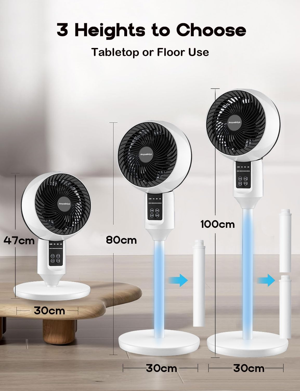 Anyuainiya Pedestal Fan, 3 Heights Adjustable Standing Fan Air Circulator, 90&deg; Oscillating Floor Fan, 3 Speeds & 3 Modes, 26Db Quiet Room Fan, Home, Office image number 4